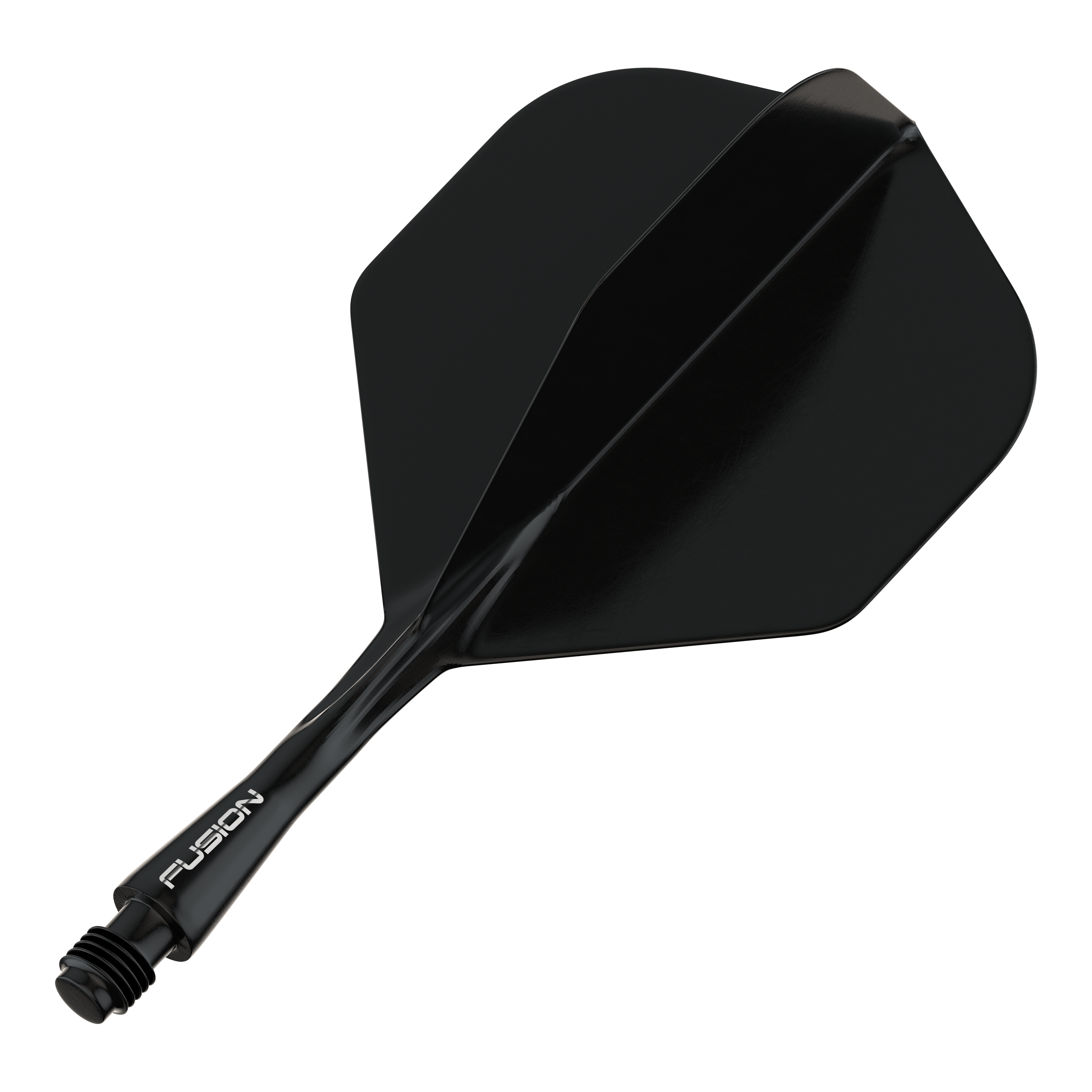 Système d'arbre de vol Winmau Fusion Standard Noir Das Bild zeigt ein schwarzes Dart-Flightsystem mit einem Schaft. Auf dem Schaft steht das Wort "FUSION".