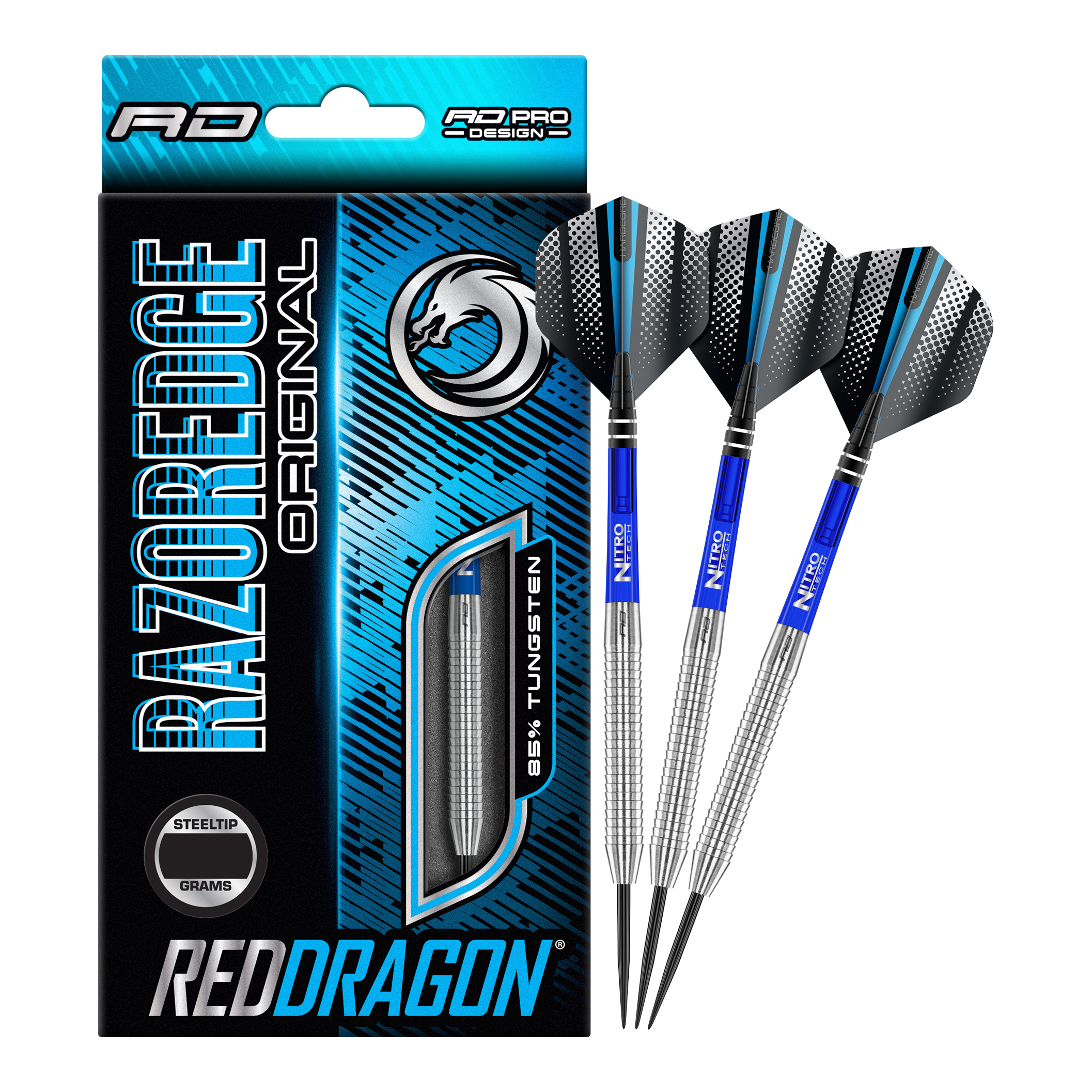 Fléchettes en acier Red Dragon Razor Edge Original Das Bild zeigt eine Packung „Red Dragon Razor Edge Original Steeldarts - 24g“ und drei dazugehörige Dartpfeile. Die Verpackung ist hauptsächlich blau und schwarz gestaltet und hebt den Schriftzug „RAZOREDGE ORIGINAL“ sowie „85% TUNGSTEN“ hervor.