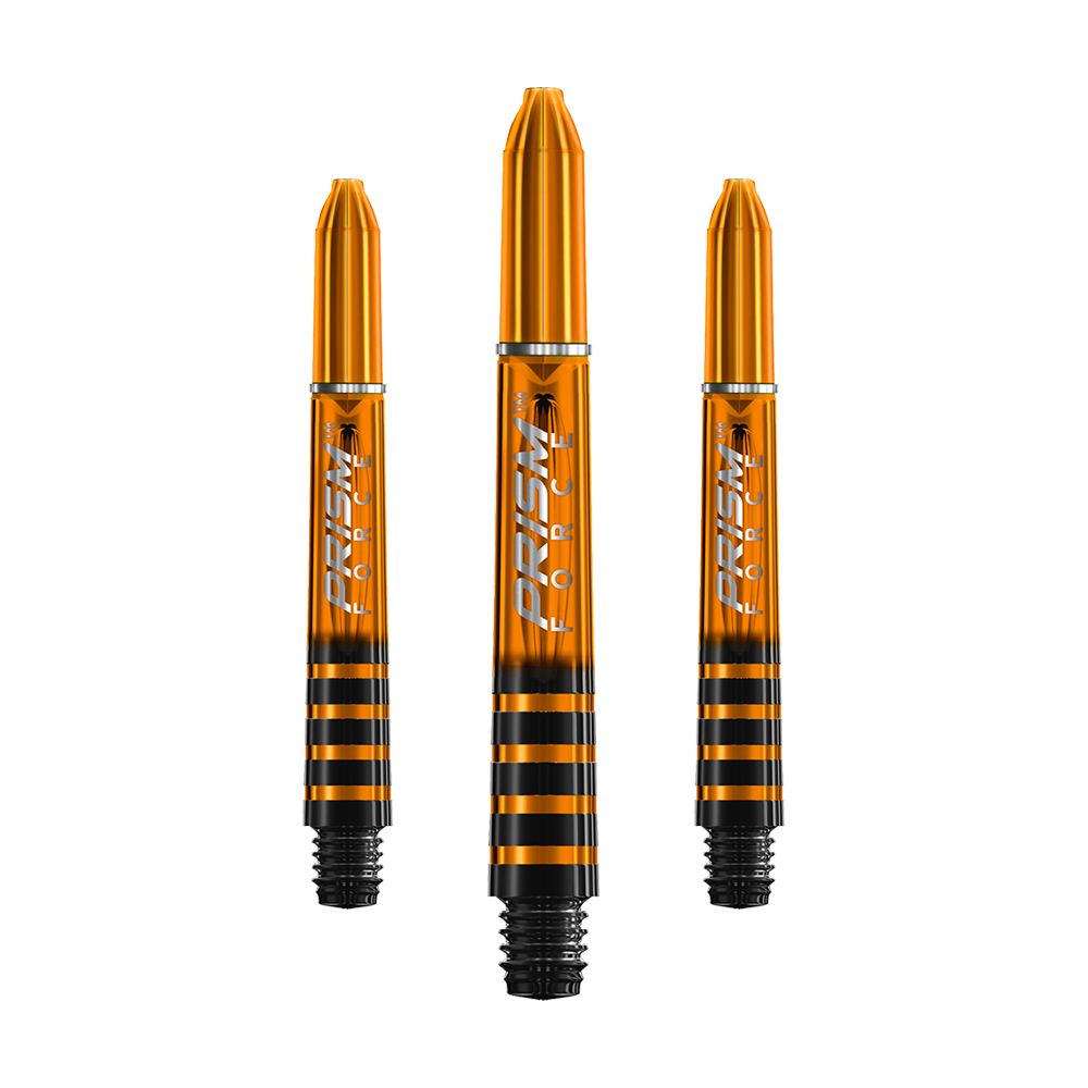 7020-107_Winmau_Prism_Force_Shafts_Orange_35mm_1henwruMlPcPLu Das Bild zeigt drei orangefarbene Winmau Prism Force Shafts für Darts. Die Shafts haben schwarze Streifen und silberne Details.