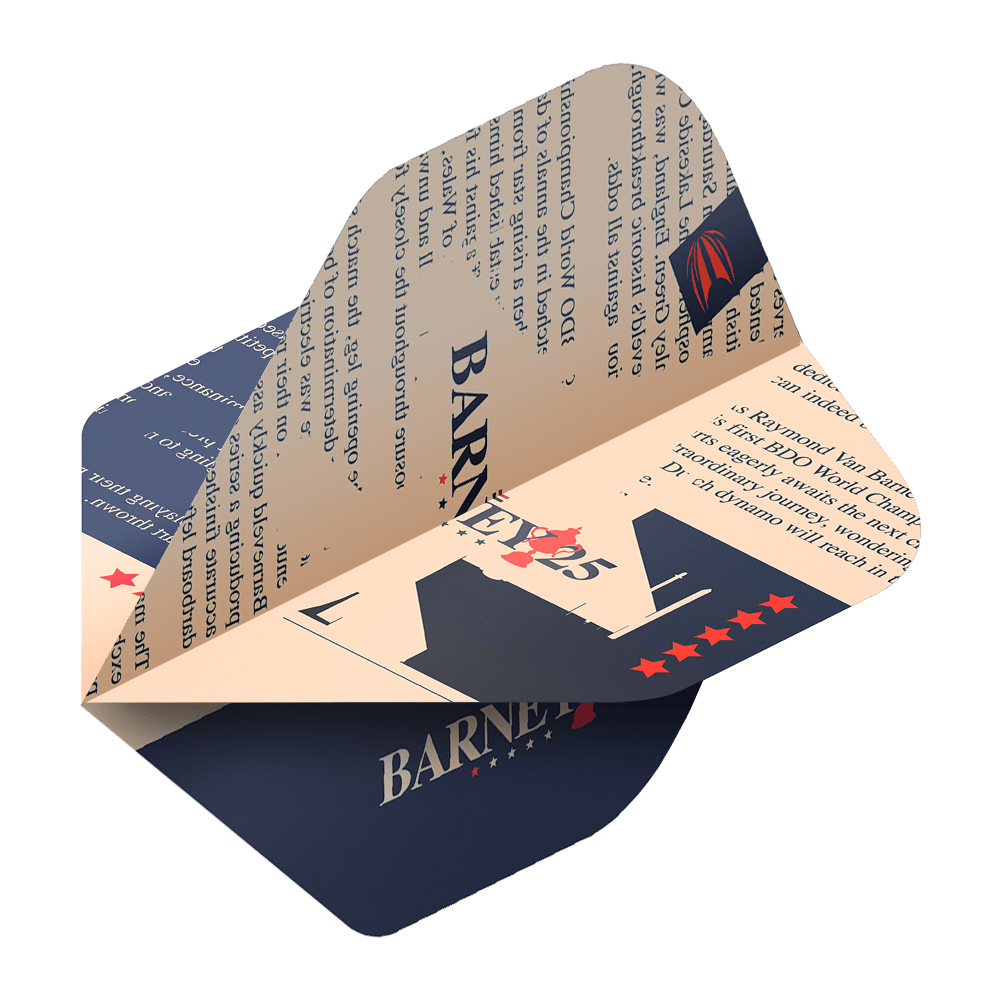 Target ProUltra Raymond Van Barneveld Barney25 Vols Standard Das Bild zeigt einen Target ProUltra Raymond Van Barneveld Barney25 Standard Flight für Darts. Das Design ist in Blau und Beige gehalten und enthält Sterne sowie den Schriftzug "Barney25".