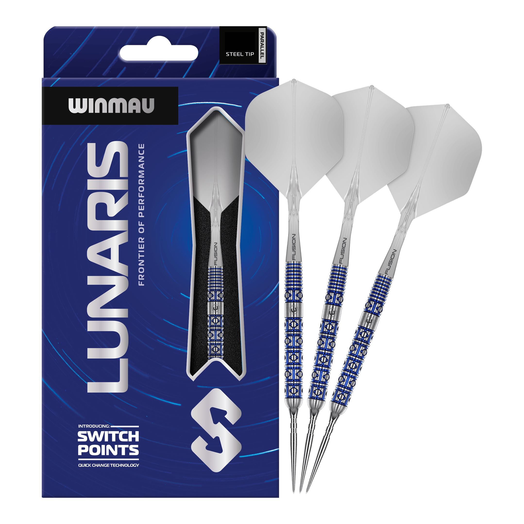 Fléchettes en acier Winmau Lunaris Parallel Switch Point Zu sehen sind die Winmau Lunaris Parallel Switch Point Steeldarts in voller Länge. Das Produkt wird frontal gezeigt.