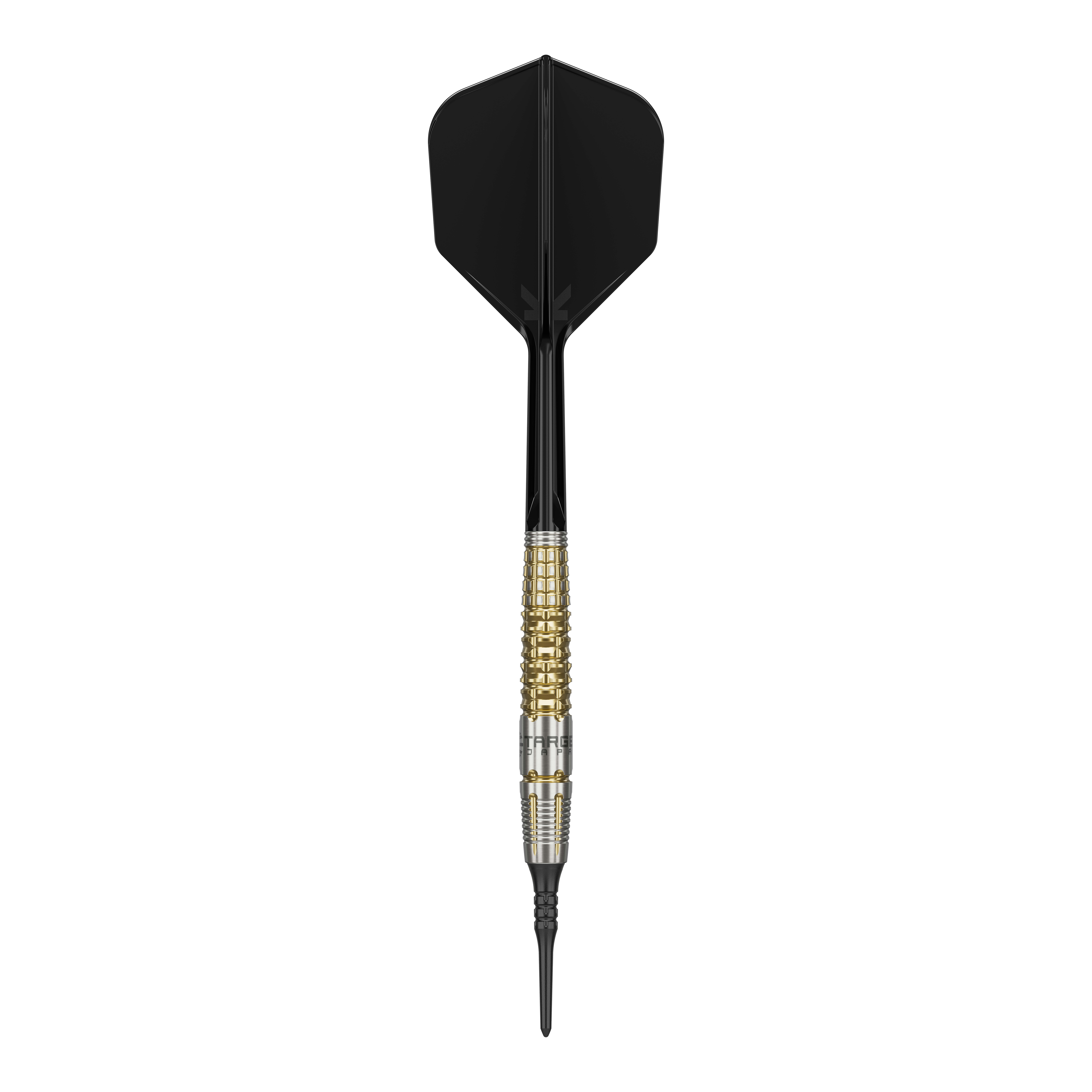 Fléchettes souples Target Japan Black Marque Warrior - 18,5 g Das Bild zeigt einen Target Japan Black Marque Warrior Softdart mit einem Gewicht von 18,5g. Der Dart hat eine schwarze Spitze und Flügel sowie einen gold-silbernen Griffbereich.