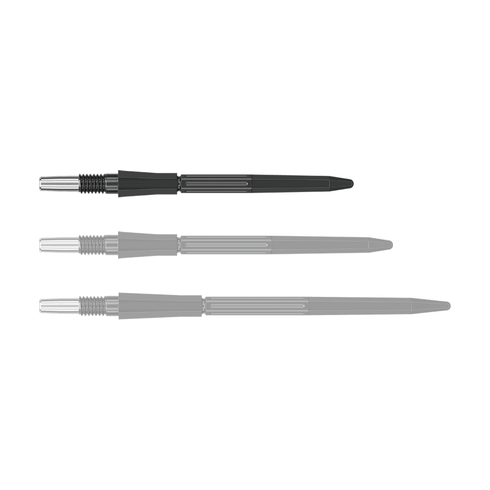 Das Bild zeigt eine einzelne schwarze Dartspitze der Target Elysian Archetype 43 SwissPoint Serie in 30 mm Länge. Die Spitze liegt einzeln auf neutralem Hintergrund.