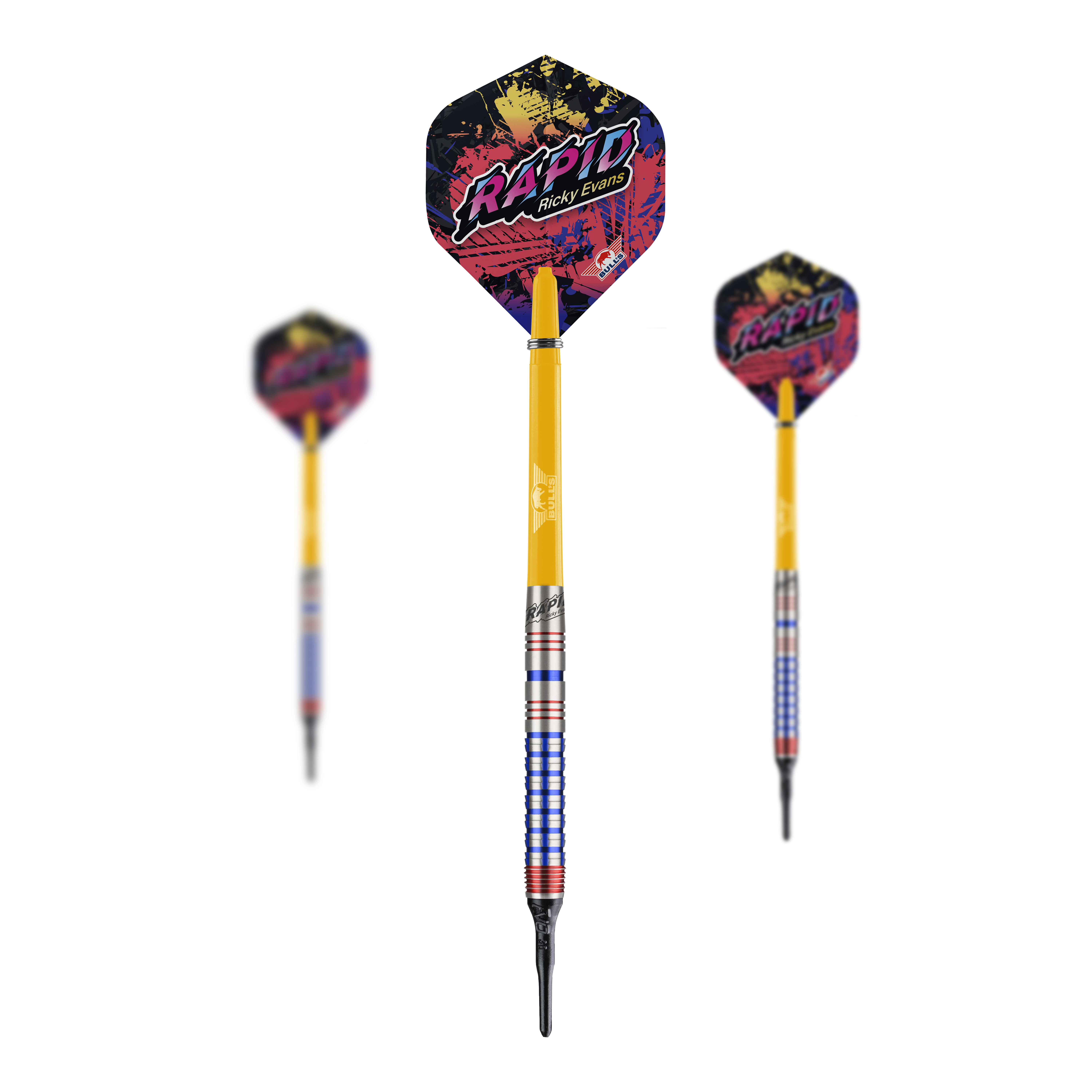 Bulls NL Ricky Evans Rapid Edition One Fléchettes souples - 20 g Das Bild zeigt drei Softdarts der Marke "Bulls NL Ricky Evans Rapid Edition One" mit einem Gewicht von 20g. Die Darts sind gelb mit farbigen Flights, auf denen "Rapid Ricky Evans" steht.
