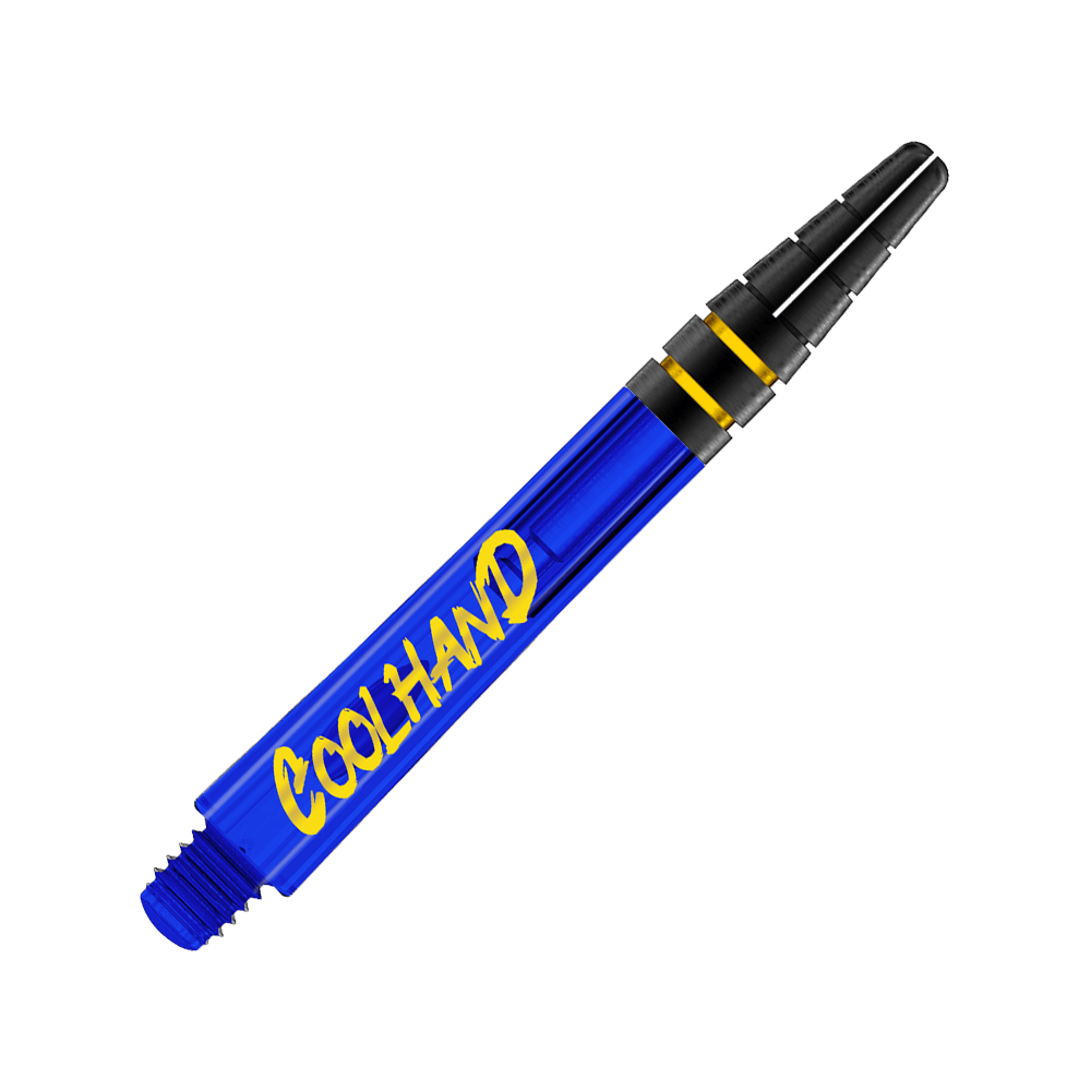 Tiges Red Dragon Nitrotech Luke Humphries Coolhand - Bleues Dies ist ein blauer Dart-Schaft mit der gelben Aufschrift "COOLHAND". Am oberen Ende befinden sich zwei schwarze Ringe mit goldenen Akzenten.