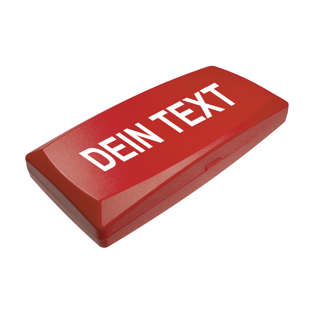 Auf dem Bild ist eine rote Kunststoffbox zu sehen. Auf der Box steht in weißen Buchstaben "DEIN TEXT".
