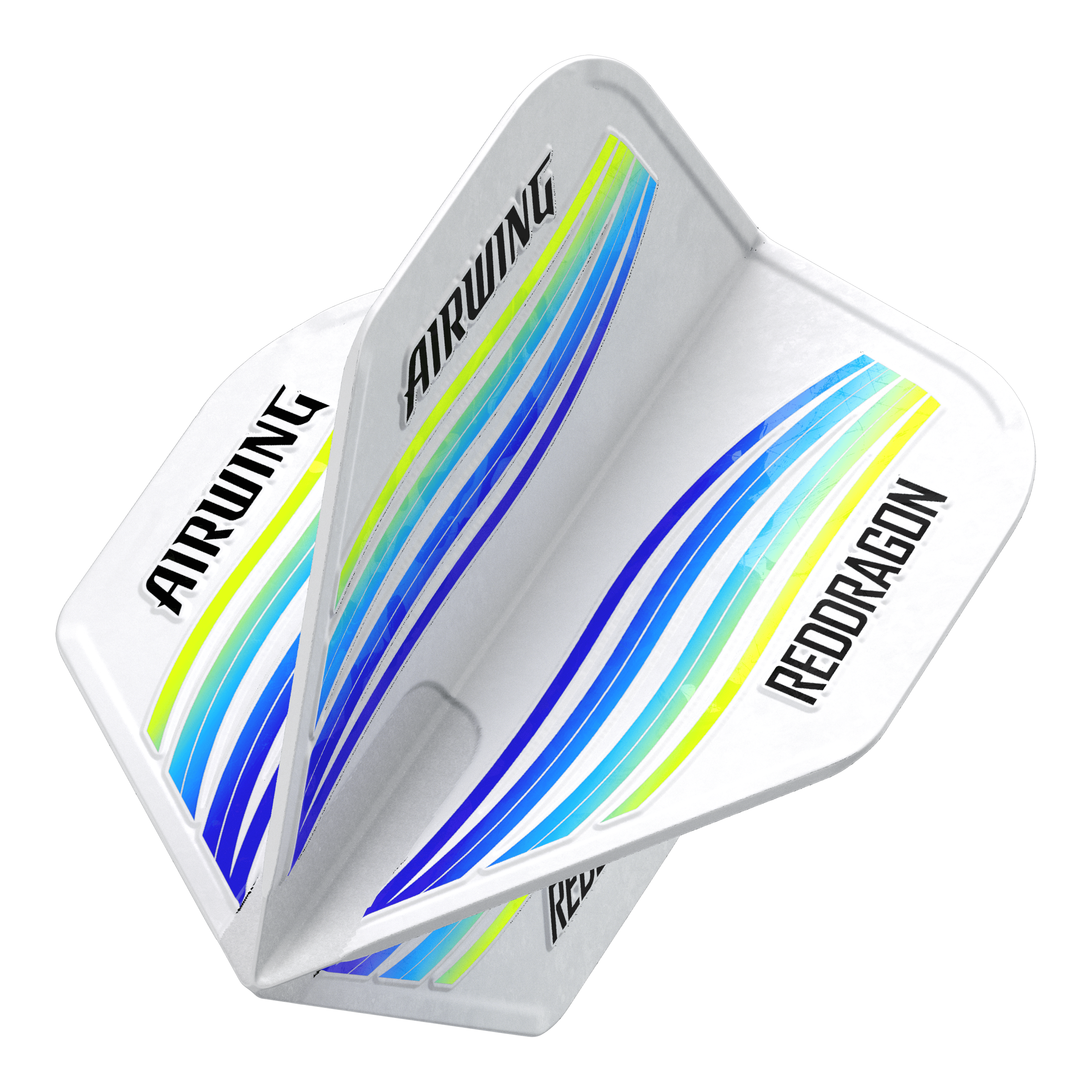 Vols standard Red Dragon Airwing Blue Wave Das Bild zeigt die Red Dragon Airwing Blue Wave Standard Flights. Die Flights sind weiß mit blauen, gelben und grünen Wellenlinien und haben die Aufschriften "AIRWING" und "RED DRAGON".