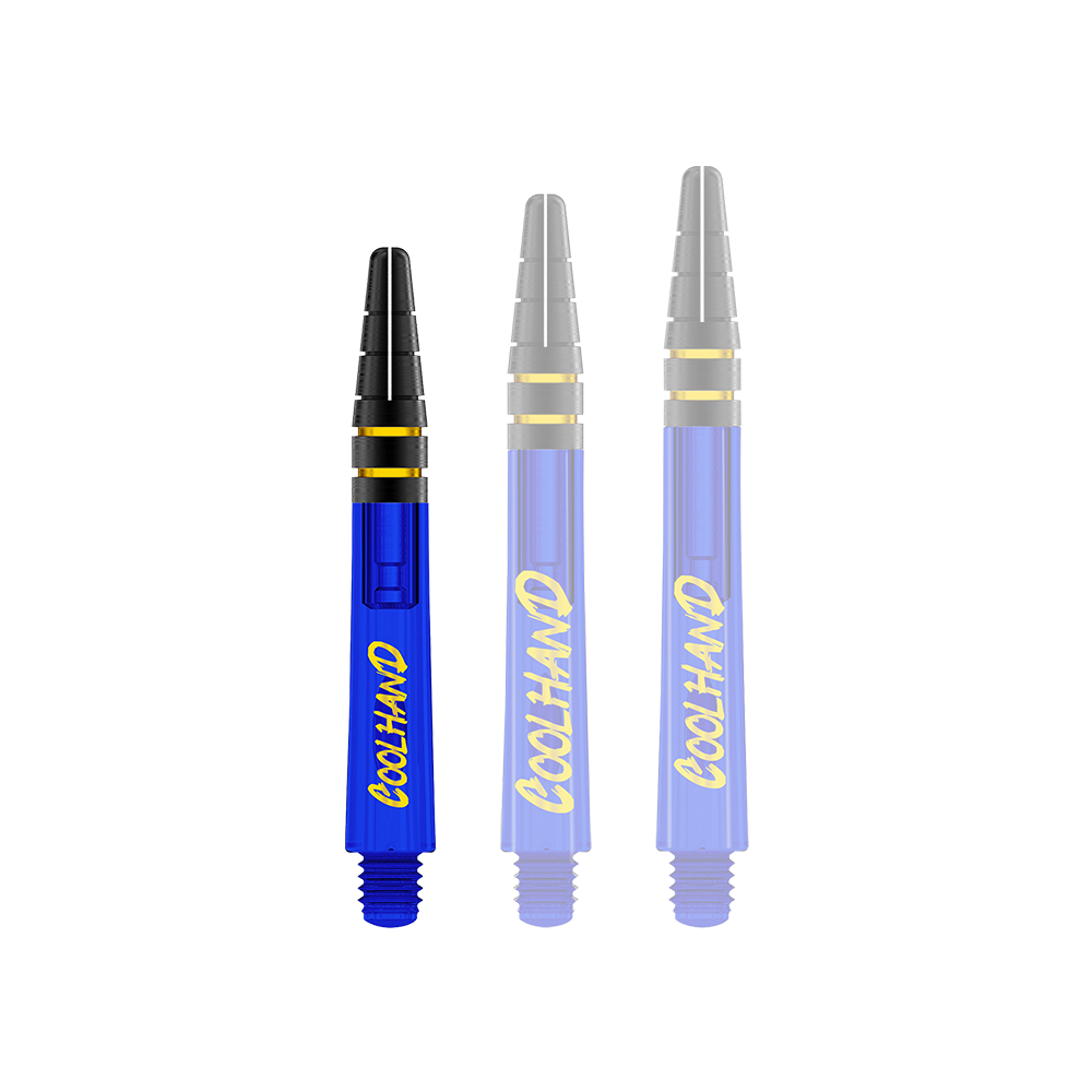 Tiges Red Dragon Nitrotech Luke Humphries Coolhand - Bleues Auf dem Bild sind drei blaue Dartschäfte mit gelbem Schriftzug "COOLHAND" zu sehen. Oben haben sie schwarze Rillen mit goldenen Ringen.