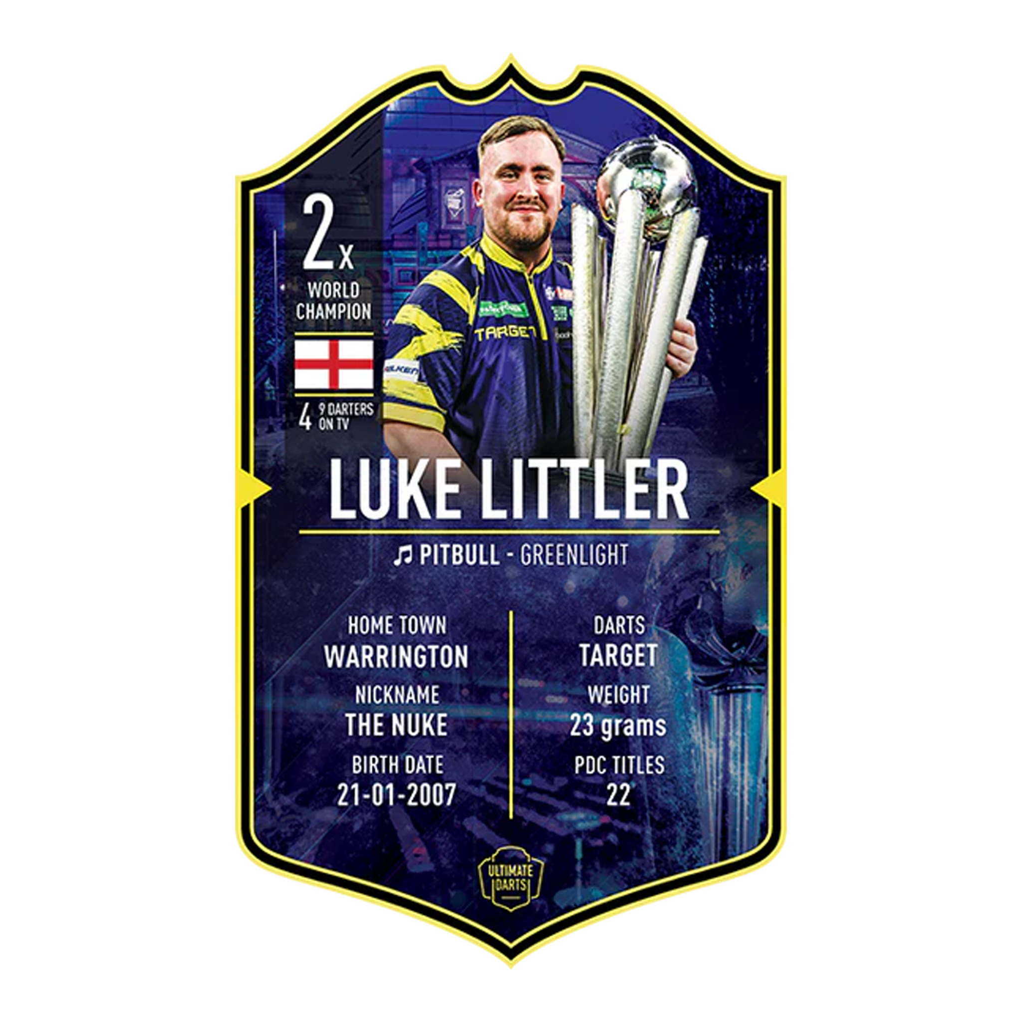 Carte Ultimate Darts - Luke Littler, Champion du monde 2026 Dies ist die Ultimate Darts Card – Luke Littler World Champion 2026. Zu sehen ist die Sammelkarte von Luke Littler als Weltmeister.