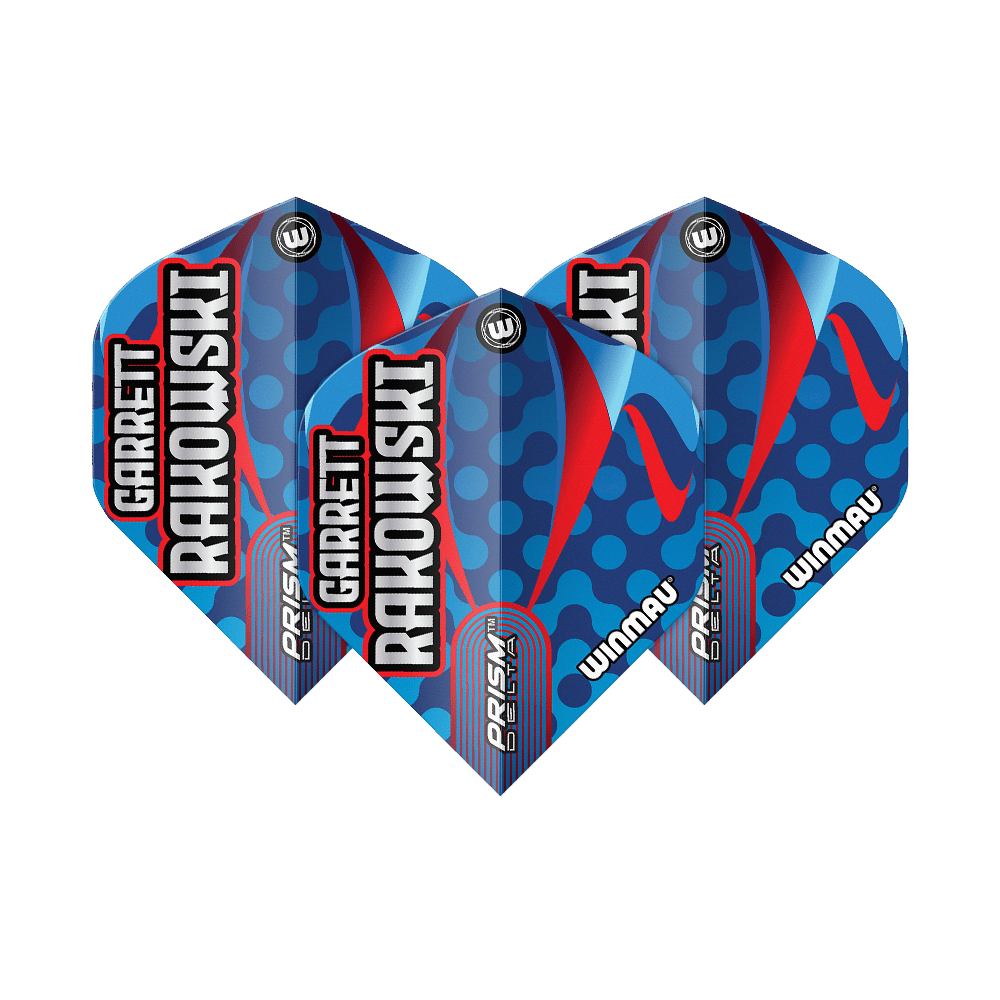 Das Bild zeigt die Winmau Prism Delta Garrett Rakowski Standard Flights. Die Flights sind blau mit roten und hellblauen Akzenten sowie dem Namen "Garrett Rakowski" darauf.