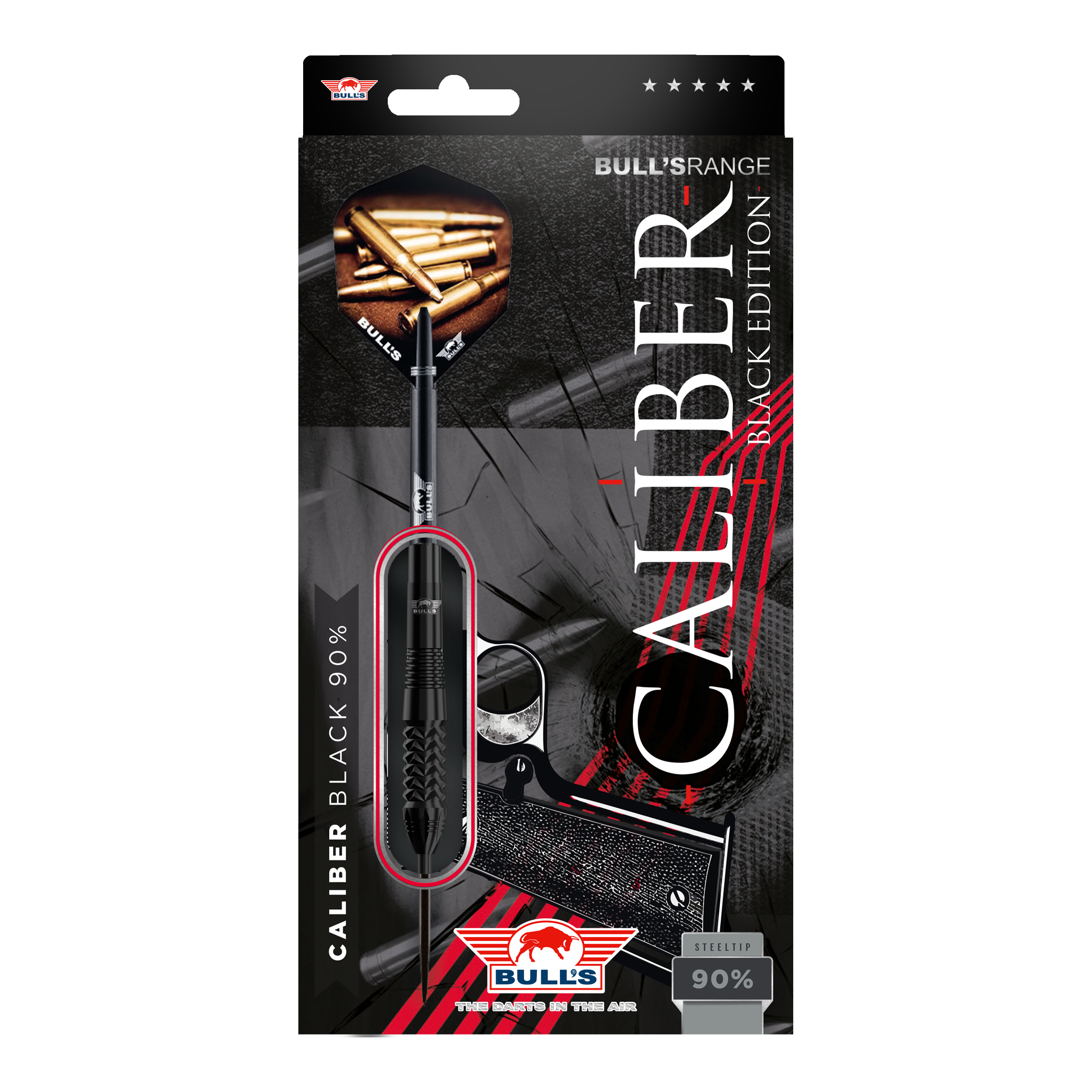Fléchettes en acier noir Bulls NL Caliber Das Bild zeigt die Verpackung der "Bulls NL Caliber Black Steeldarts". Die Verpackung ist schwarz gestaltet und hebt die Steeldarts sowie den Schriftzug "Caliber Black Edition" hervor.