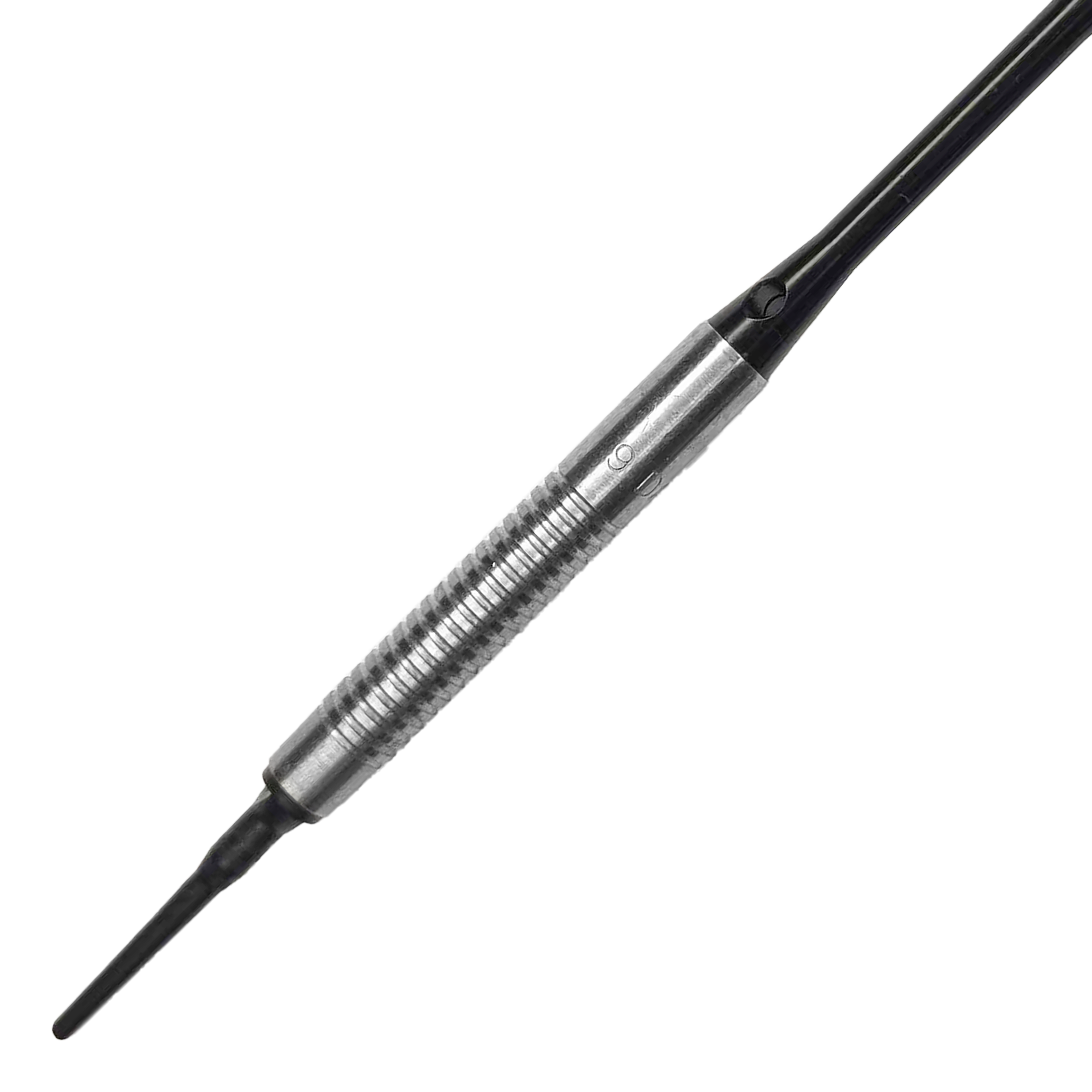 Fléchettes souples McDart 85 Tungstène V21 - 18,5 g Das Bild zeigt einen McDart 85er Tungsten V21 Softdart mit einem Gewicht von 18,5g. Der Dartpfeil hat eine silberne, gerillte Griffzone und eine schwarze Spitze.