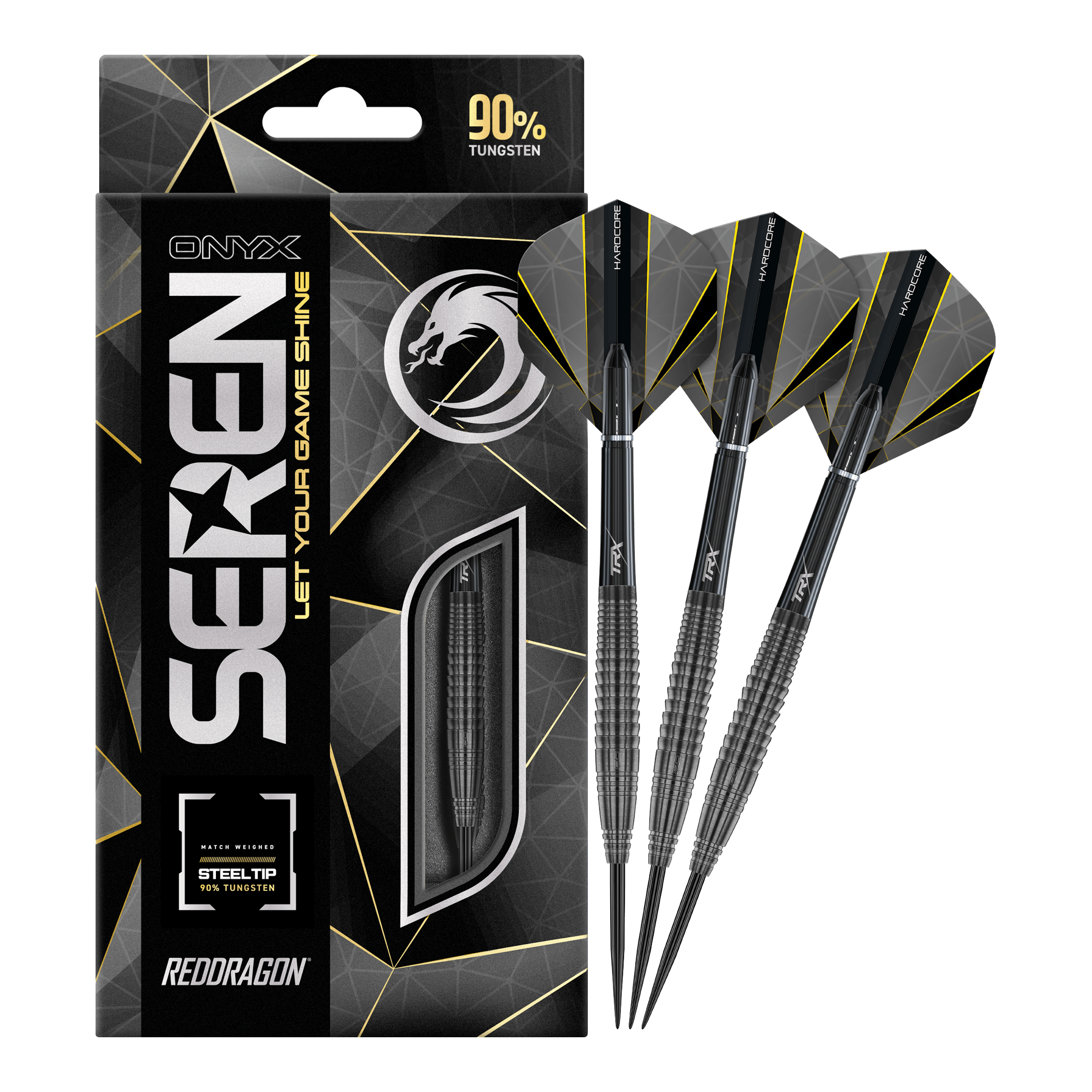 Fléchettes en acier Onyx Seren 4 du Dragon Rouge Das Bild zeigt die Verpackung und drei Steeldarts des Produkts "Red Dragon Seren 4 Onyx". Die Darts bestehen zu 90% aus Wolfram und haben ein modernes, schwarzes Design.