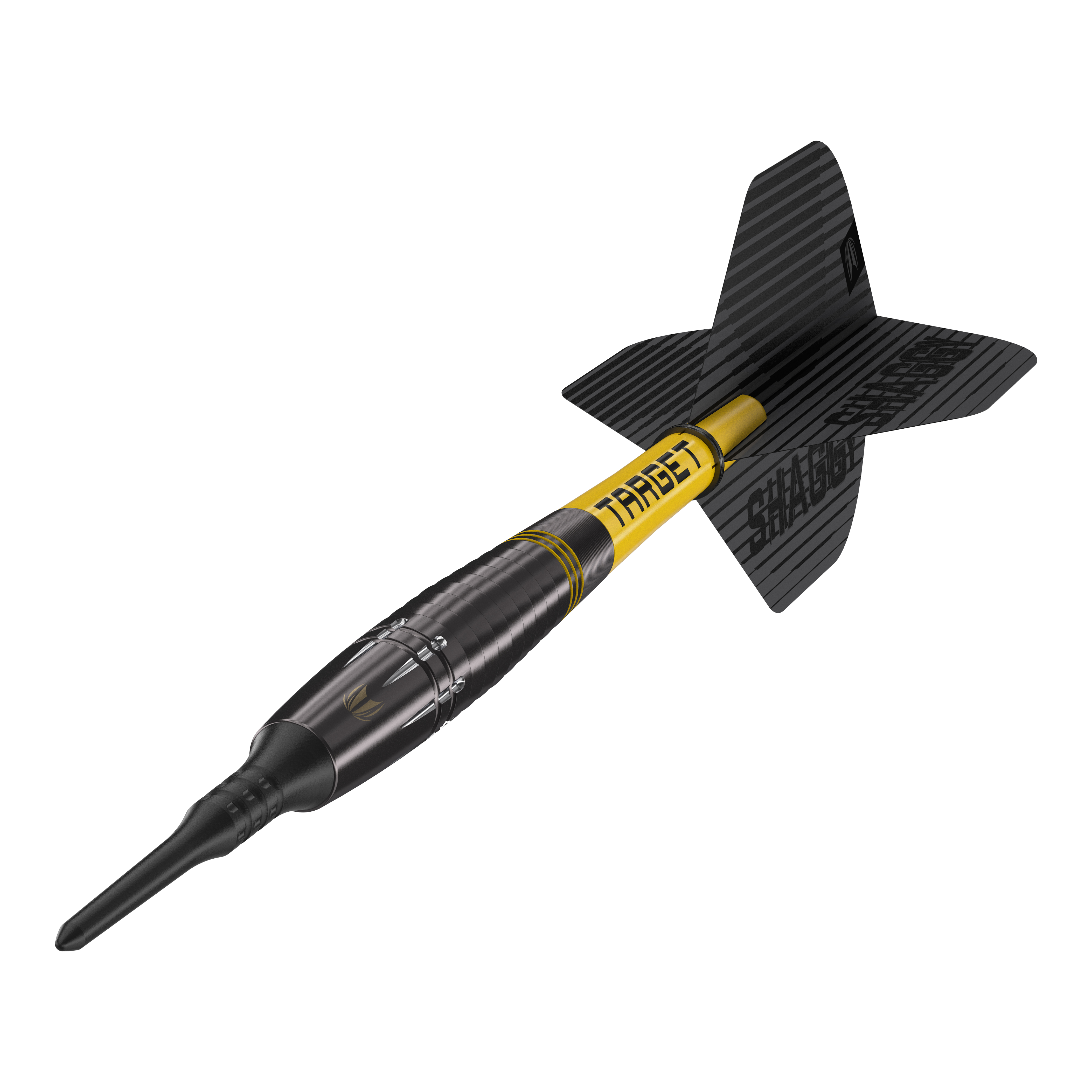 Fléchettes souples noires Target Scott Williams Shaggy - 20 g Das Bild zeigt einen schwarzen Softdart mit gelbem Schriftzug „TARGET“ und der Aufschrift „SHAGGY“ auf der Flight. Es handelt sich um das Produkt „Target Scott Williams Shaggy Black Softdarts – 20g“.
