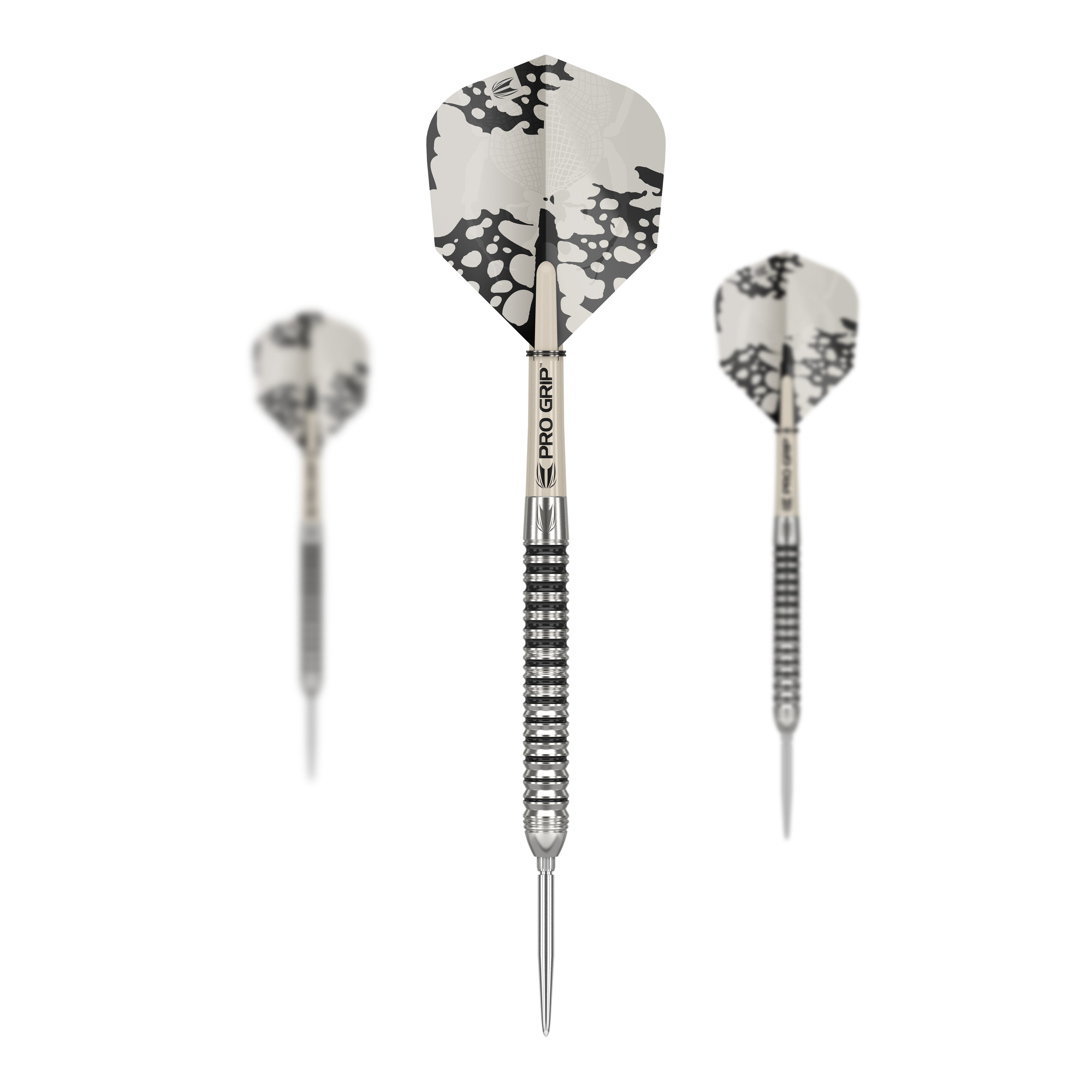 Fléchettes en acier Target EXO SP01 Swiss Point Das Bild zeigt die Target EXO SP01 Swiss Point Steeldarts mit schwarz-silbernem Design. Drei Darts mit strukturierten Griffen und auffälligen Flights sind zu sehen.