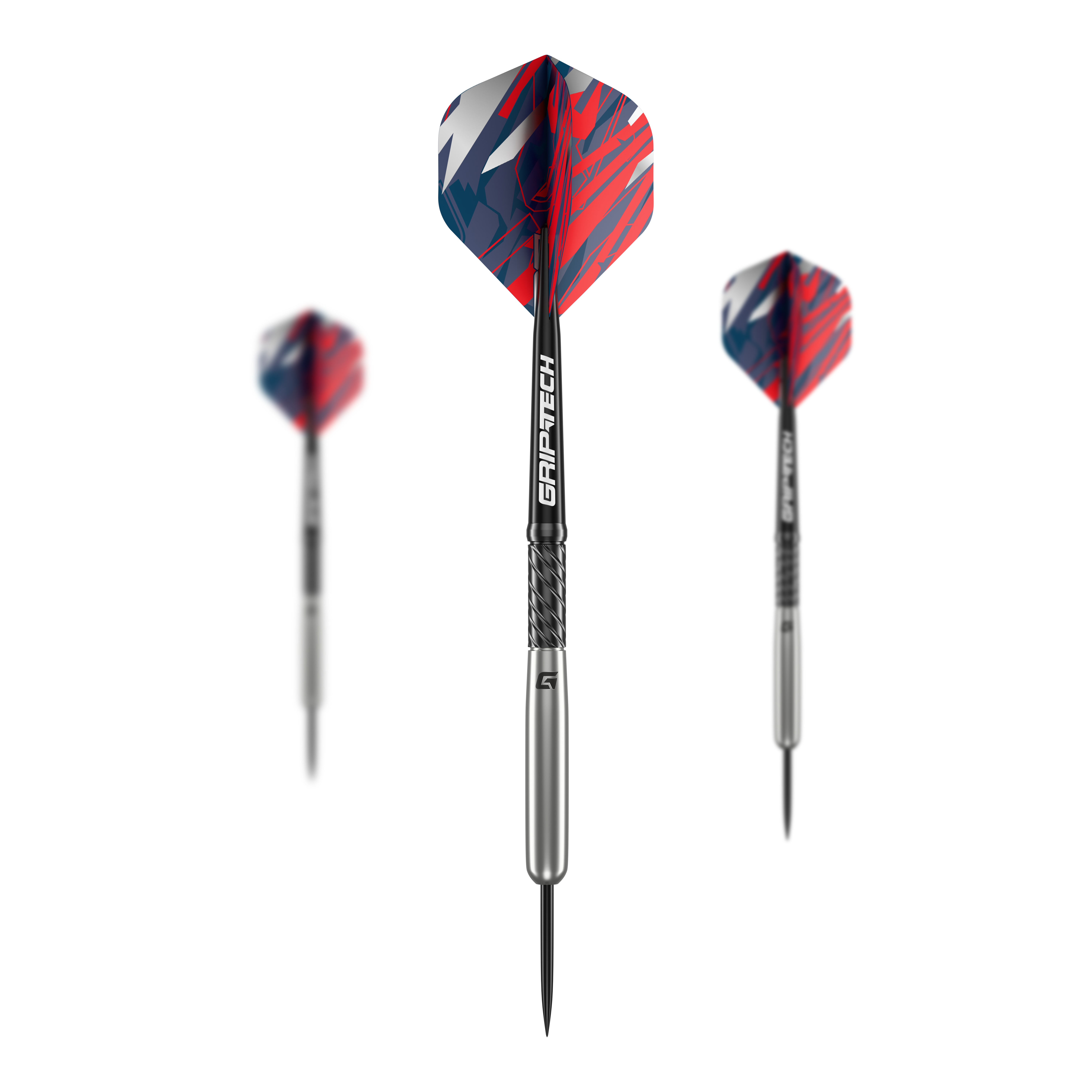 Fléchettes en acier tungstène GOAT Homerun Baseball Das Bild zeigt drei GOAT Homerun Baseball Tungsten Steeldarts mit silbernem Schaft und bunten, rot-blauen Flights. Die Darts sind modern gestaltet und heben sich durch das auffällige Design ab.