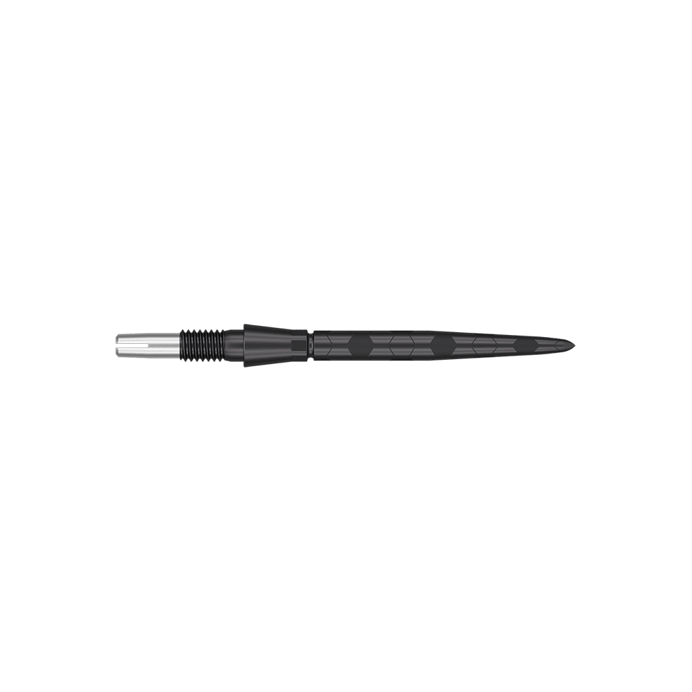 Pointes de fléchettes Target Swiss Storm Onyx Point - Noires Das Bild zeigt eine schwarze Dartspitze mit einem modernen, strukturierten Design. Sie ist schmal und hat feine Rillen sowie ein sechseckiges Muster auf dem Schaft.