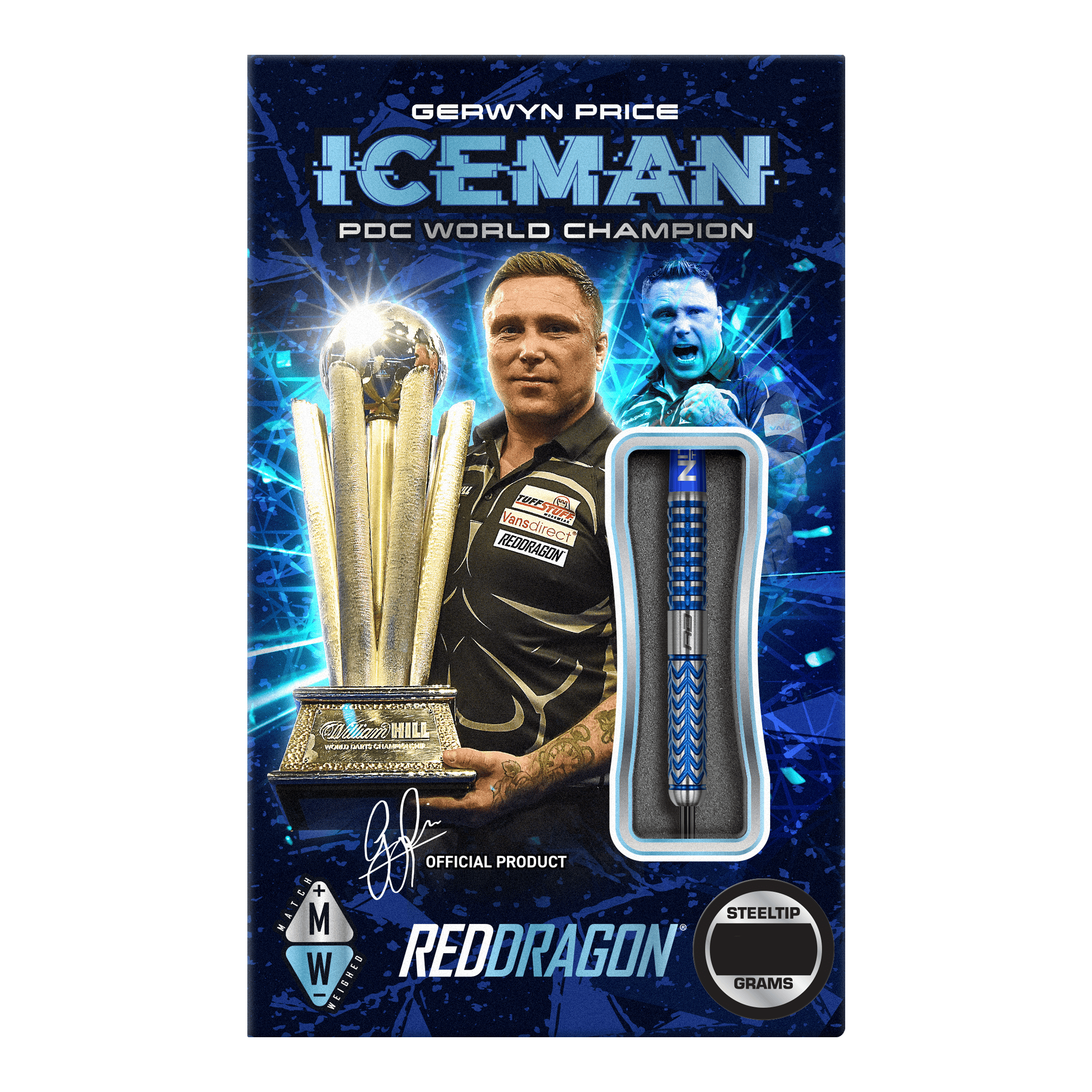 Fléchettes en acier Red Dragon Gerwyn Price Glacier Das Bild zeigt die Verpackung der "Red Dragon Gerwyn Price Glacier Steeldarts". Auf der Verpackung sind Gerwyn Price, ein großer Pokal und ein Steeldart abgebildet.