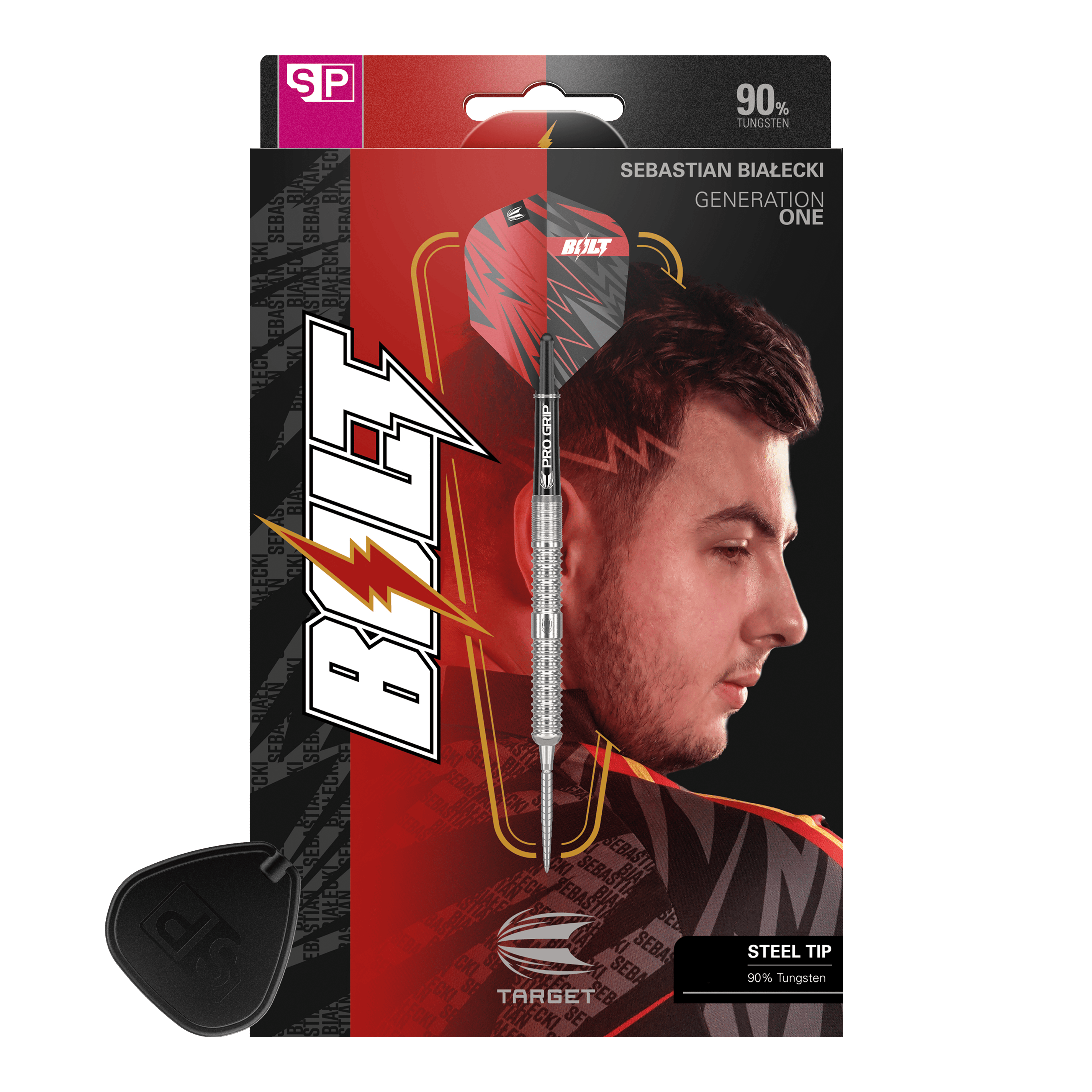 Fléchettes en acier Target Sebastian Bialecki GEN1 Swiss Point - 22 g Das Bild zeigt die Verpackung der "Target Sebastian Bialecki GEN1 Swiss Point Steeldarts - 22g". Auf der Verpackung ist ein Dartpfeil sowie das Porträt eines Mannes zu sehen.