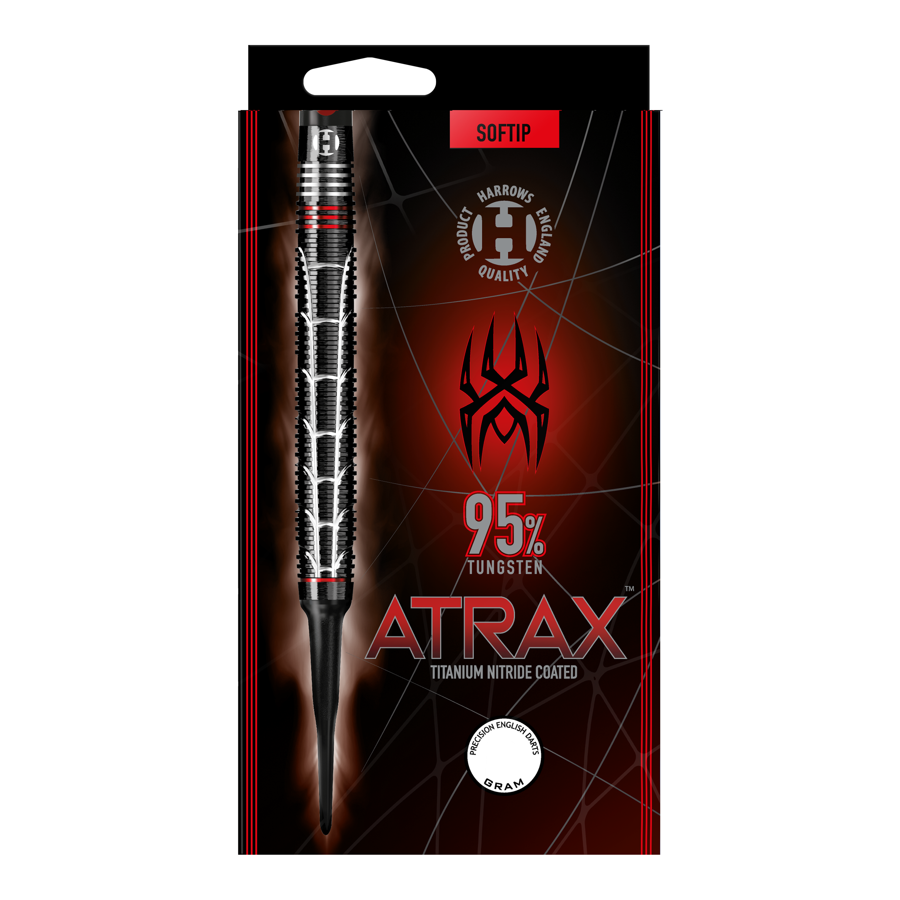 Fléchettes souples Harrows Atrax Auf dem Bild ist eine Verpackung für einen Softdart mit der Aufschrift "ATRAX" zu sehen. Der Dart besteht zu 95 % aus Wolfram und ist titan-nitrid beschichtet.
