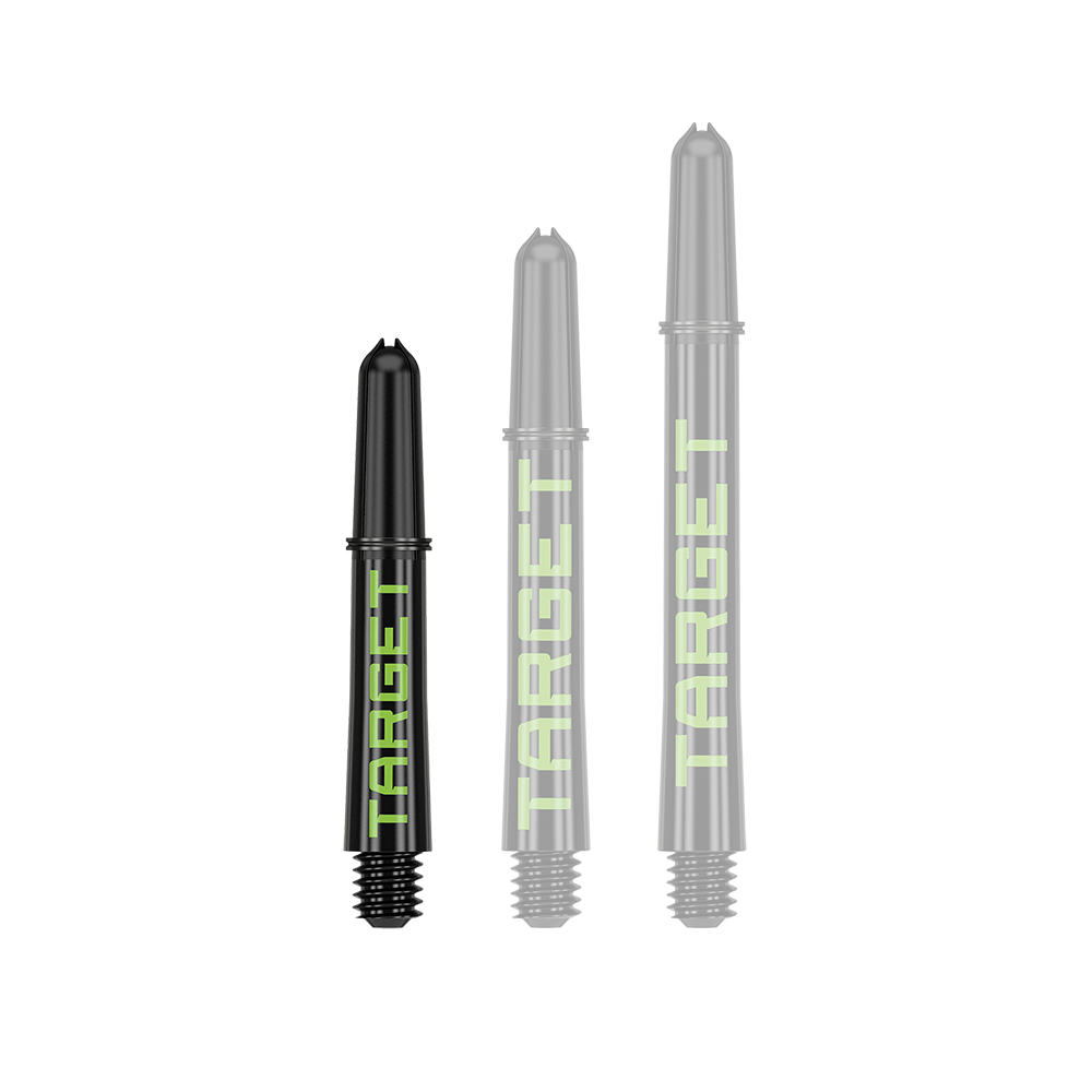 Tiges Target Pro Grip TAG - 3 jeux - Noir Vert Das Bild zeigt drei schwarze Dart-Schäfte in verschiedenen Längen mit grünem Schriftzug "TARGET". Sie sind nebeneinander auf weißem Hintergrund angeordnet.