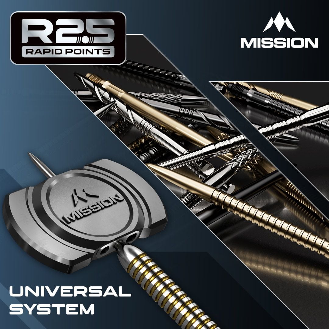 Pointes de fléchettes Mission R2.5 Rapid Point DSX - Argent Die Abbildung zeigt die Mission R2.5 Rapid Point GV1 Dartspitzen in Silber. Es sind speziell designte Dartspitzen für Präzision und Haltbarkeit.