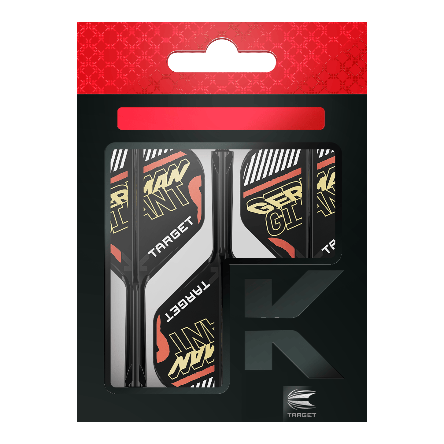 Système d'arbre de vol standard Target K-Flex Gabriel Clemens No2 Auf dem Bild ist eine Verpackung mit Dart-Flights und Schäften der Marke Target zu sehen. Auf den Flights steht in gelber Schrift "GERMAN GIANT".