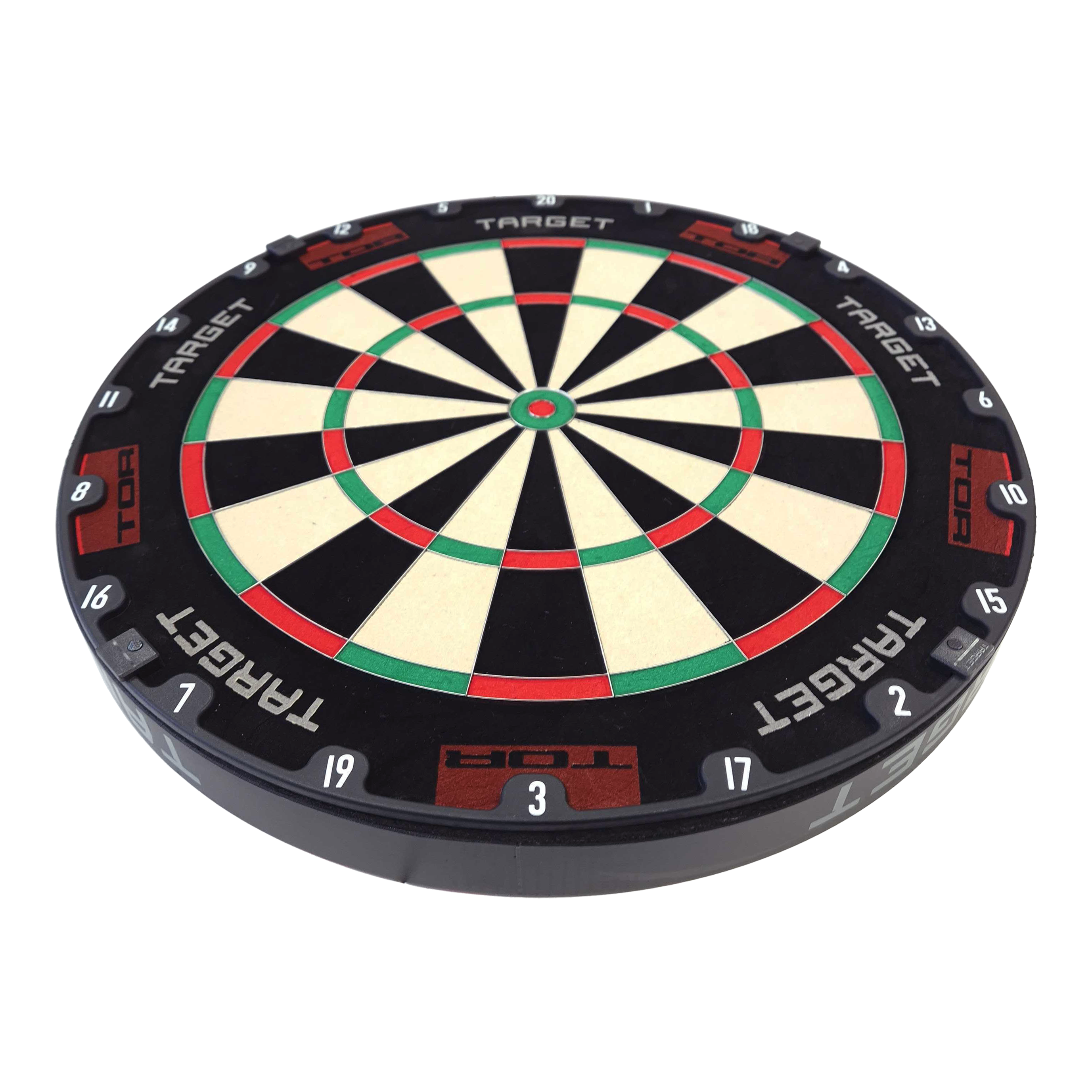 Target de fléchettes en acier Target TOR Das Bild zeigt eine Target TOR Steeldartboard. Die Dartscheibe hat ein klassisches Design mit schwarzen, weißen, roten und grünen Feldern.