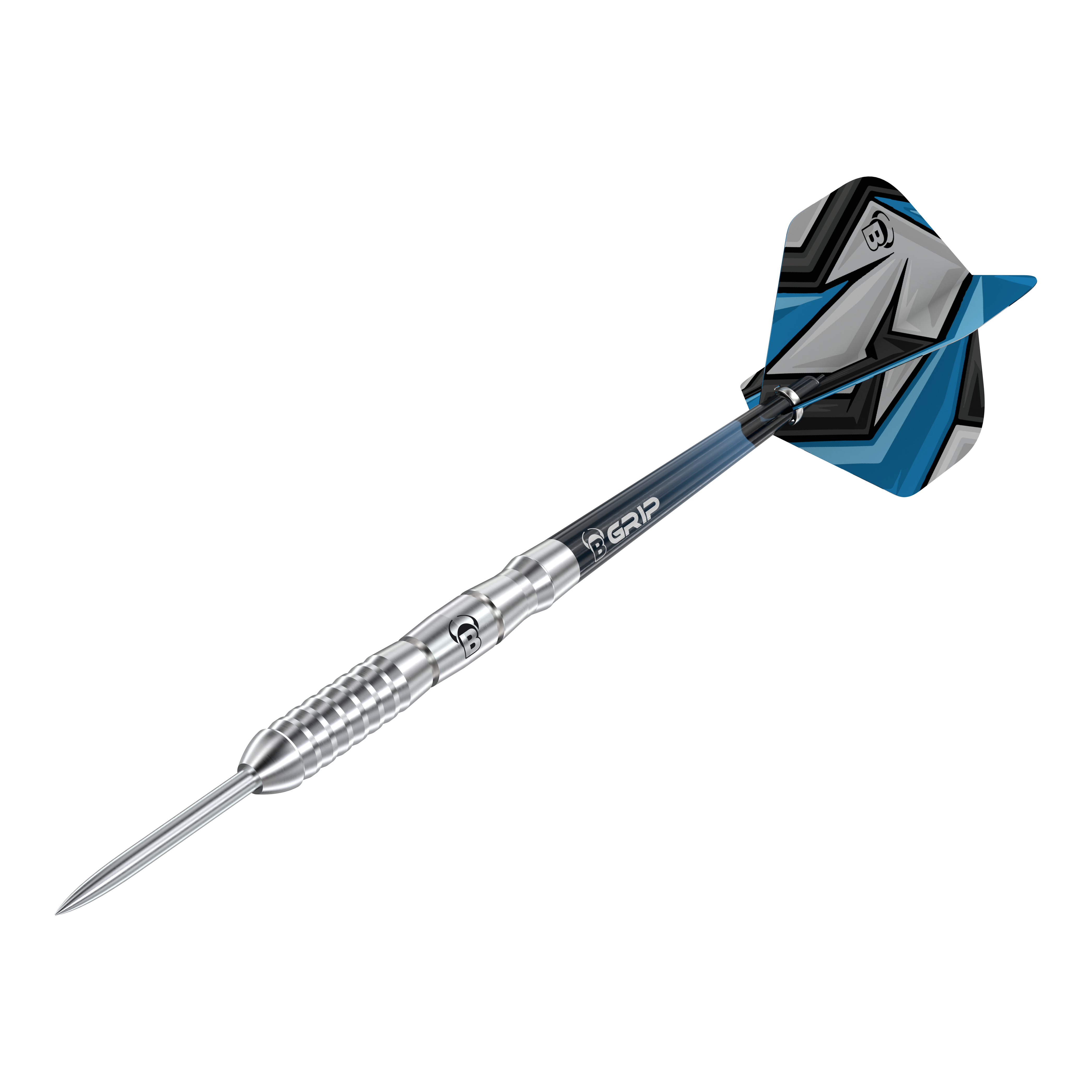 Fléchettes en acier Bulls Stone S3 Das Bild zeigt einen Bulls Stone S3 Steeldart mit silbernem Barrel. Die Flights sind blau, schwarz und grau gemustert.