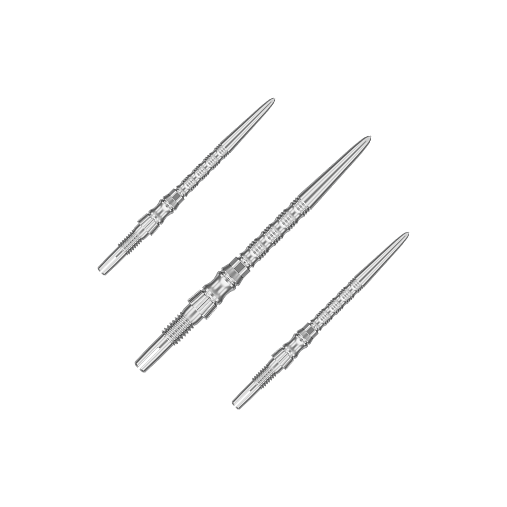 Pointes de fléchettes en acier Target Signature Swiss Point TRB - argent Mehrere silberne Dartspitzen sind nebeneinander zu sehen. Es handelt sich um ein Set der 'Target SwissPoint Signature TRB' Dartspitzen mit 30 mm Länge.