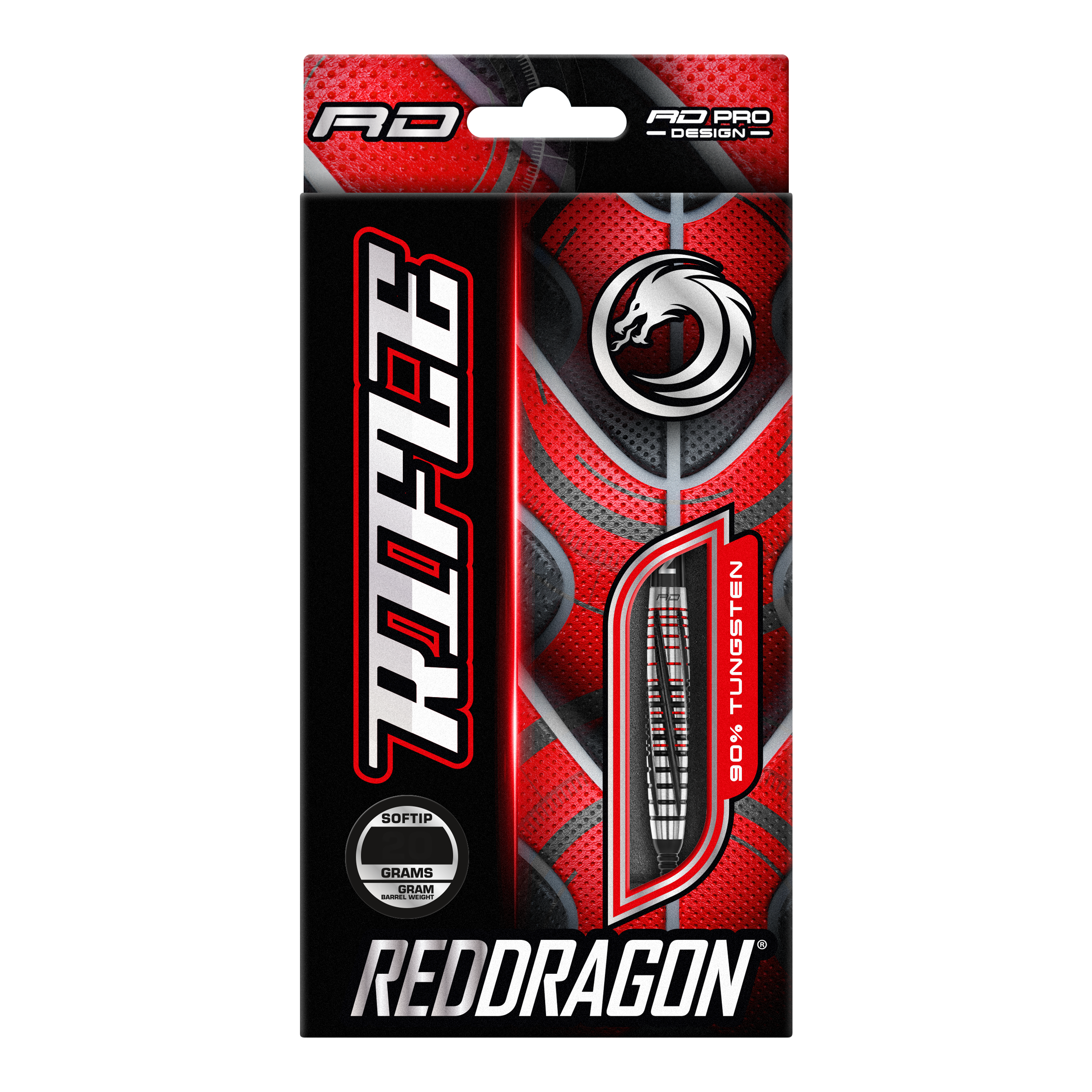 Fléchettes souples Red Dragon Rifle - 20 g Die Abbildung zeigt die Verpackung der "Red Dragon Rifle Softdarts - 20g". Das Design ist auffällig in Rot und Schwarz gehalten und zeigt eine Abbildung eines Dartpfeils.