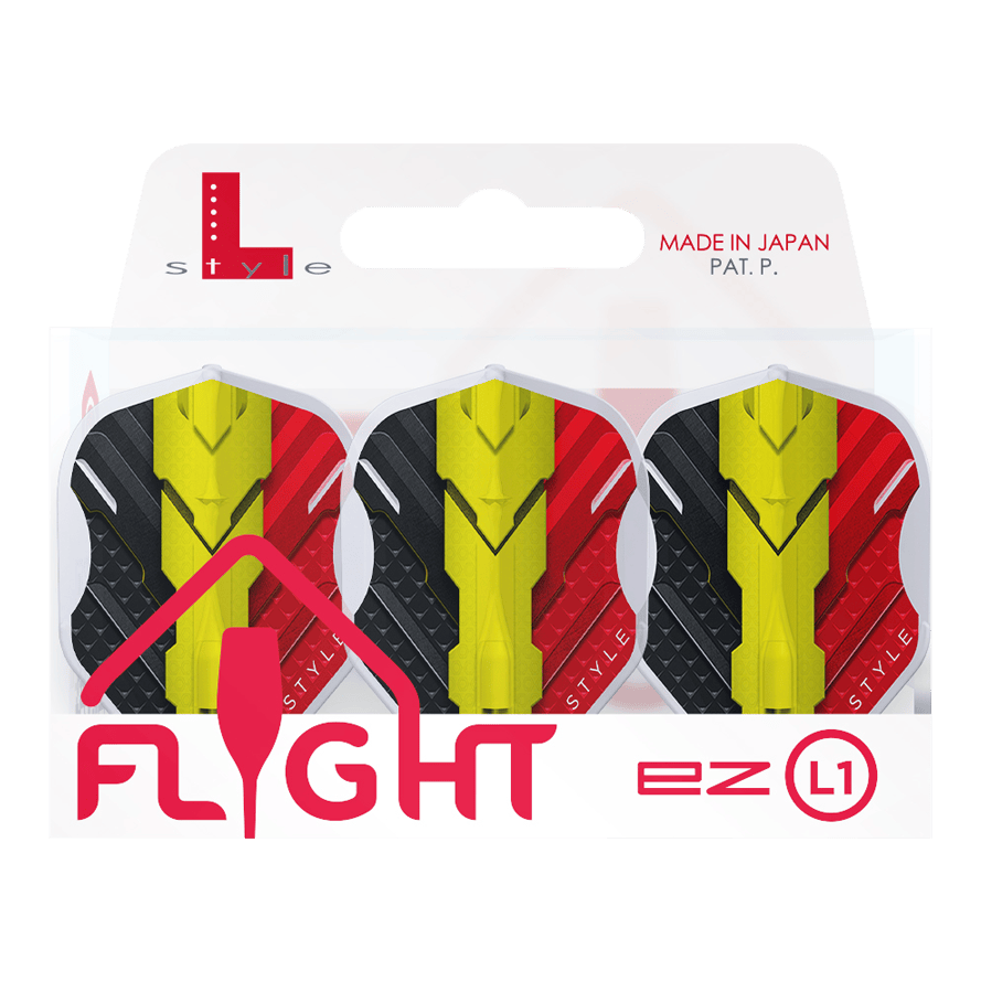 Vols L-Style V-Series V1 Type C Belgique Blanc Transparent L1EZ Das Bild zeigt eine Packung mit drei L-Style V-Series V1 Type C Belgium Clear White L1EZ Flights. Die Flights sind in den Farben Schwarz, Gelb und Rot gestaltet und werden in einer Verpackung mit der Aufschrift "Made in Japan" präsentiert.