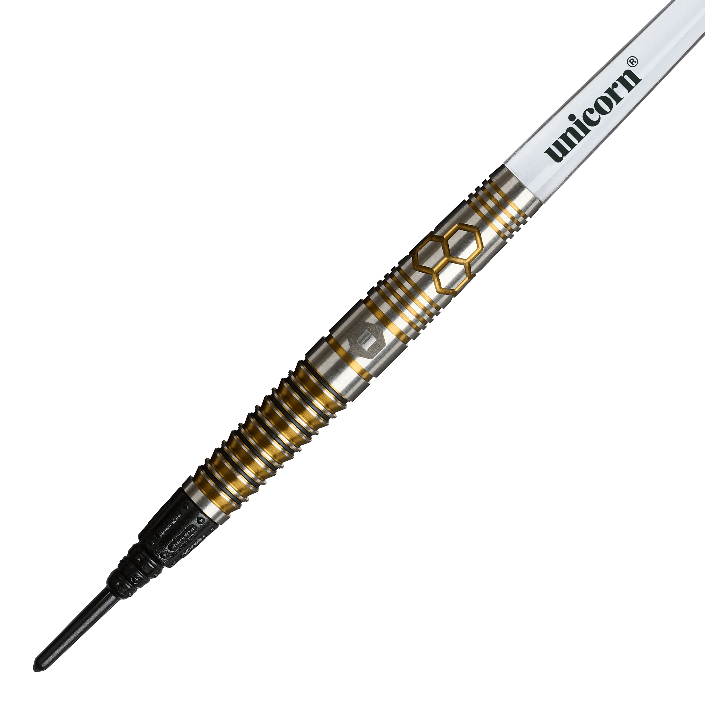 Fléchettes souples Unicorn Hexium Style 03 Or et Noir - 23 g Das Foto zeigt Unicorn Hexium Style 03 Gold & Black Softdarts, 23g. Die Darts haben ein modernes Muster in Gold und Schwarz.