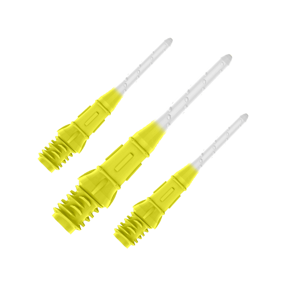 L-Style Premium Bicolore Lippoints (Paquet de 30) Auf dem Bild sind drei gelb-weiße Dartspitzen zu sehen. Sie sind nebeneinander angeordnet und wirken modern sowie hochwertig verarbeitet.