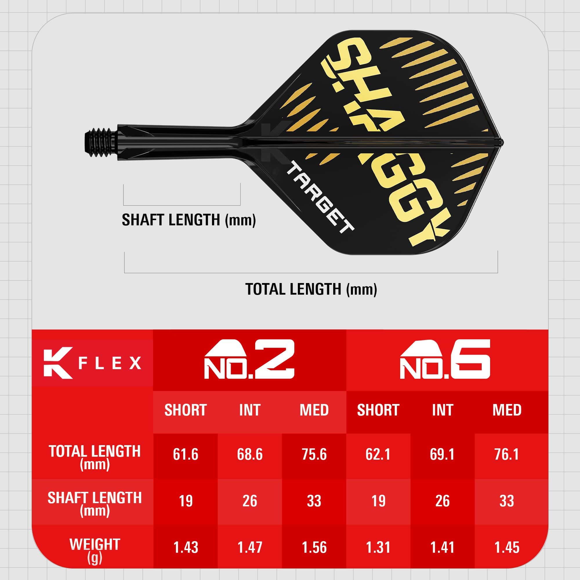 Système de flèche standard Target K-Flex Scott Williams n° 2 Das Bild zeigt das Produkt "Target K-Flex Scott Williams No2 Standard Flights" mit einem schwarzen und goldenen Design. Unten sind die Maße für verschiedene Längen und Gewichte der Flights in einer Tabelle dargestellt.