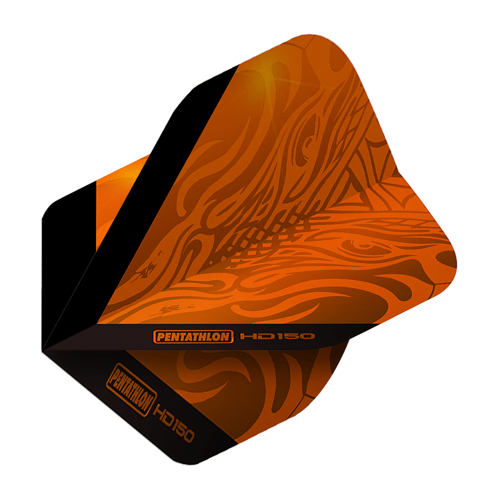 Volets standard Pentathlon HD150 orange métallisé Das Bild zeigt ein Pentathlon HD150 Metallic Orange Standard Flight für Darts. Das Flight ist orange mit schwarzen Akzenten und einem auffälligen Muster.