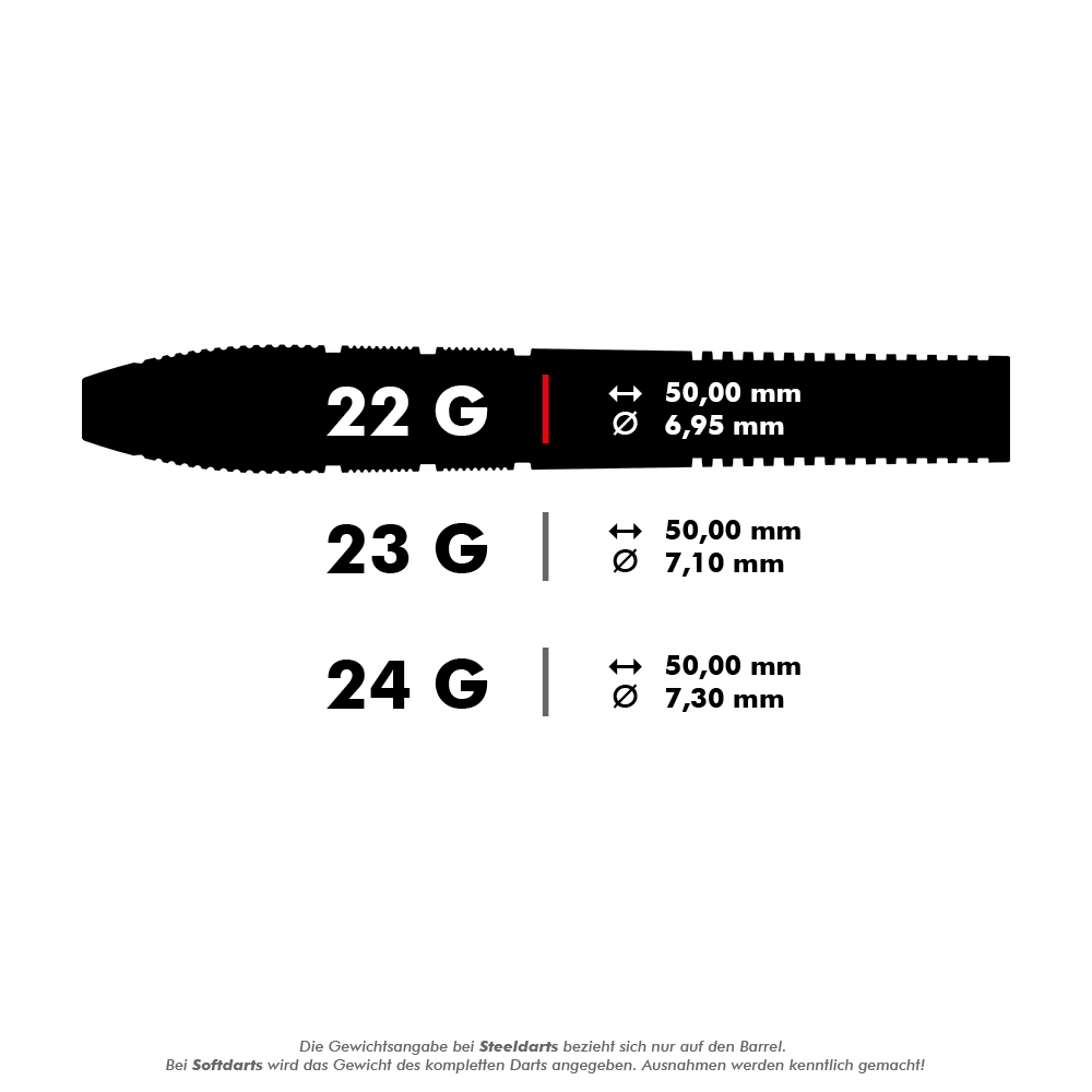 Fléchettes en acier Target Nathan Aspinall X Echo Swiss Point Das Bild zeigt die Spezifikationen für Steeldarts in den Gewichtsklassen 22 g, 23 g und 24 g. Es werden jeweils die Länge und der Durchmesser der Darts angegeben.