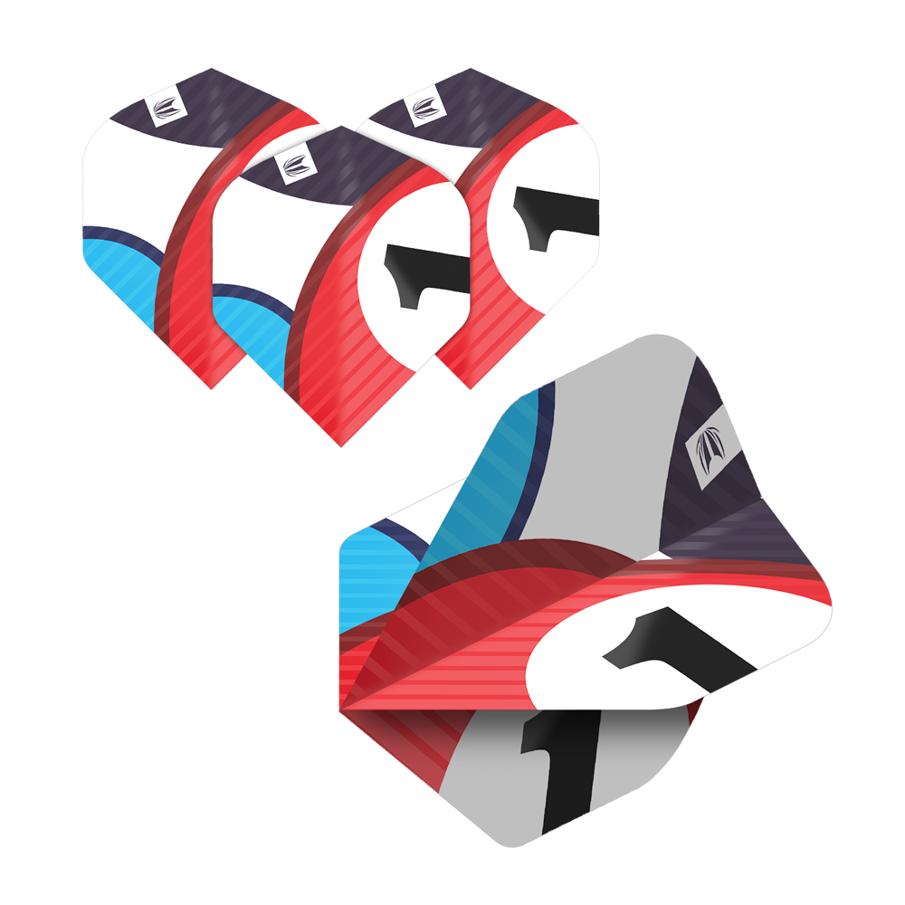 337204_Target_ProUltra_5Sets_Multipack_Chicane_No2_Standard_Flights_5OVaLkxp5z3Aoh Das Bild zeigt fünf Sätze von Target Pro Ultra Chicane No2 Standard Flights für Darts. Die Flights sind bunt gestaltet mit Rot, Blau, Schwarz und Weiß und einer großen schwarzen Eins.