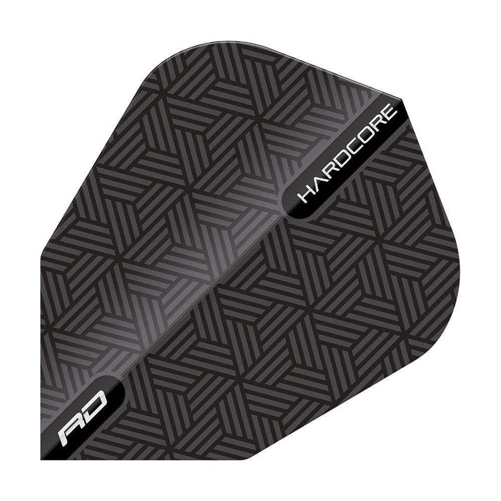 TF6849_Red_Dragon_Black_V-Standard_Flights_1naUzYtYFrwWNN Das Bild zeigt das Produkt "Red Dragon Black V-Standard Flights". Das Flight ist schwarz mit einem geometrischen Muster und trägt die Aufschrift "HARDCORE" und "RD".