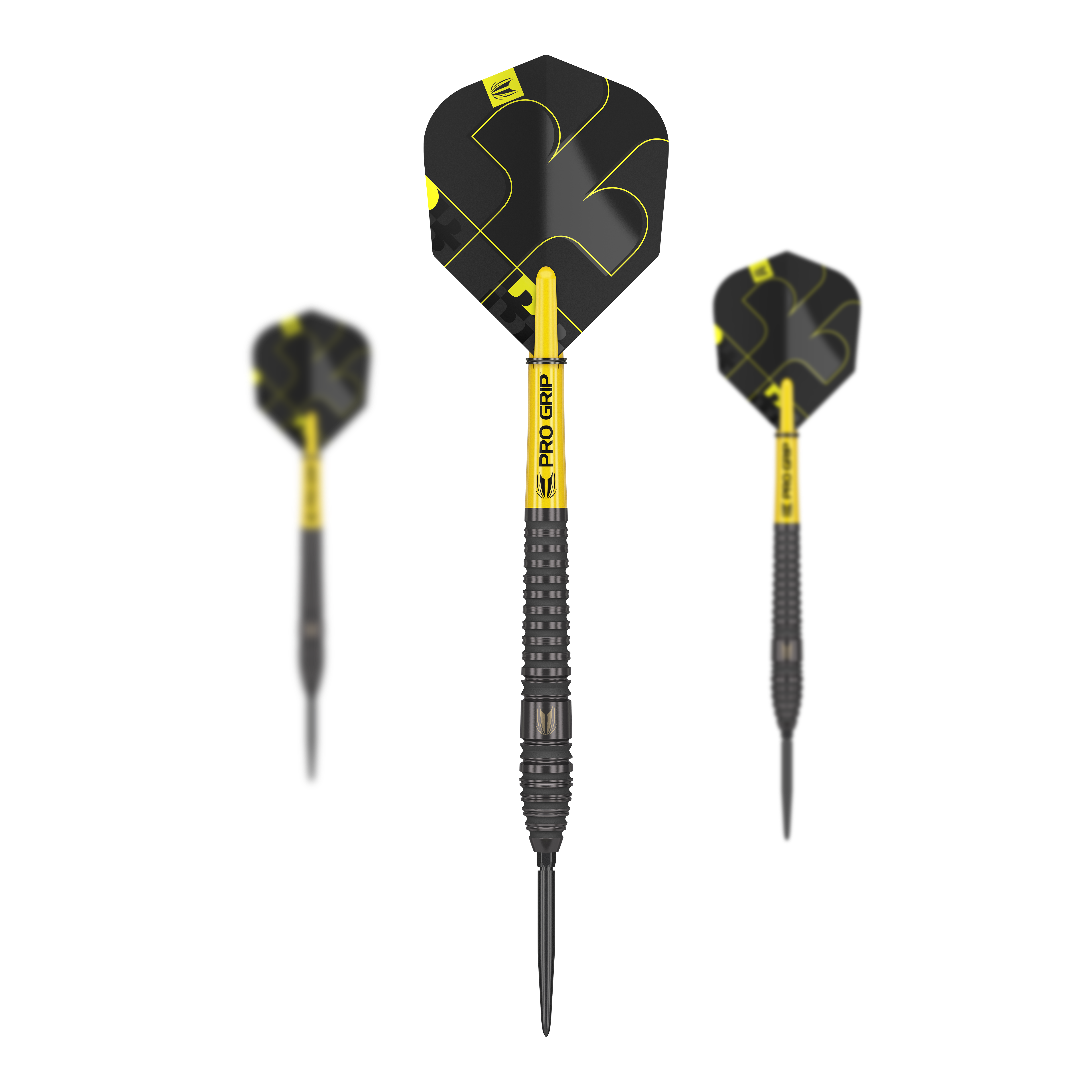 Fléchettes en acier Target Bolide Void 03 Swiss Point Das Bild zeigt drei Steeldarts des Produkts "Target Bolide Void 03 Swiss Point". Die Darts sind schwarz-gelb und haben den Schriftzug "Pro Grip" auf dem Schaft.
