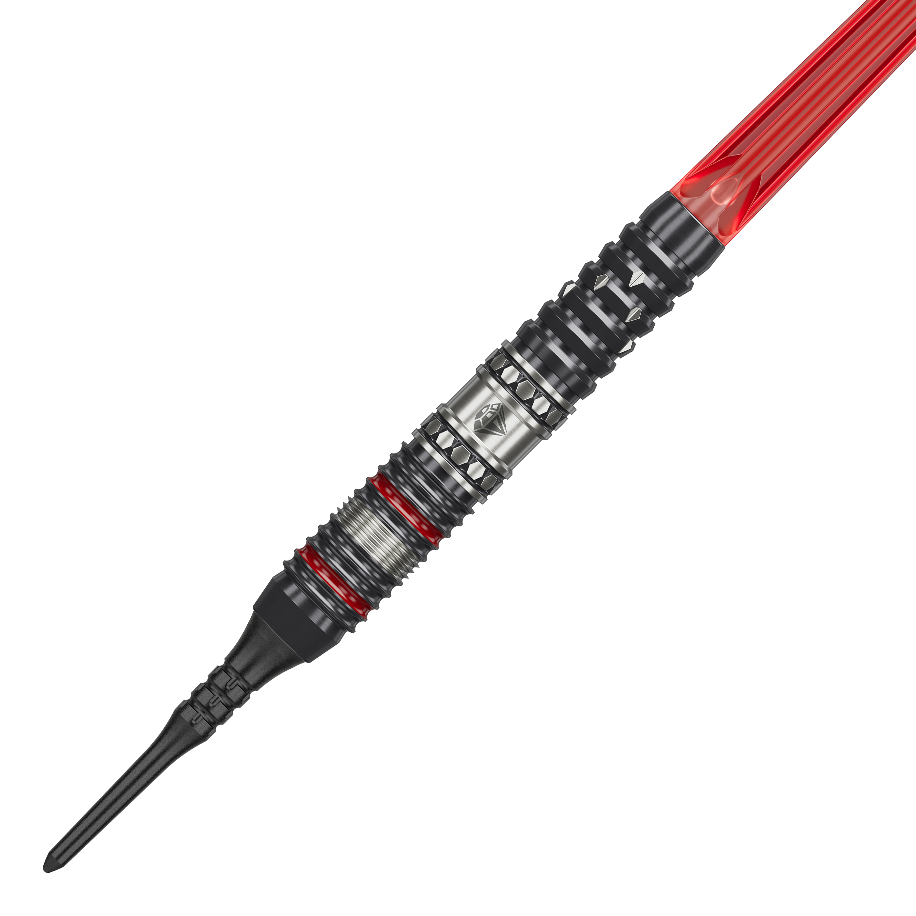 Fléchettes souples Target Japan Prime Series Diamond GEN3 - 18 g Das Bild zeigt einen Softdartpfeil aus der Produktreihe "Target Japan Prime Series Diamond GEN3" mit 18g Gewicht. Der Pfeil hat ein metallisches Design mit roten Akzenten und einer schwarzen Kunststoffspitze.