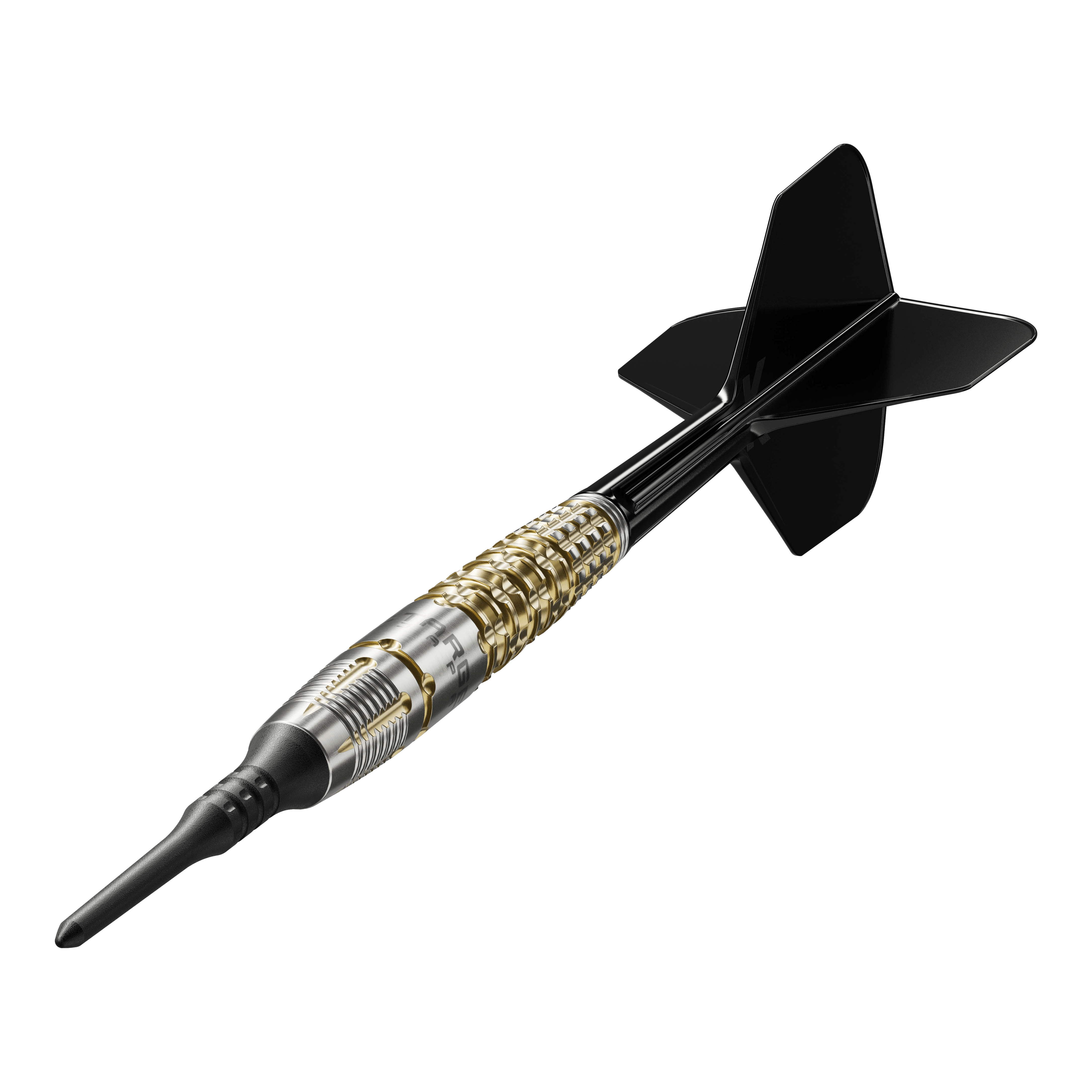 Dies ist der Target Japan Black Marque Warrior Softdart mit einem Gewicht von 18,5 Gramm. Er besitzt ein elegantes Design mit goldenen und silbernen Akzenten sowie schwarzen Flights.
