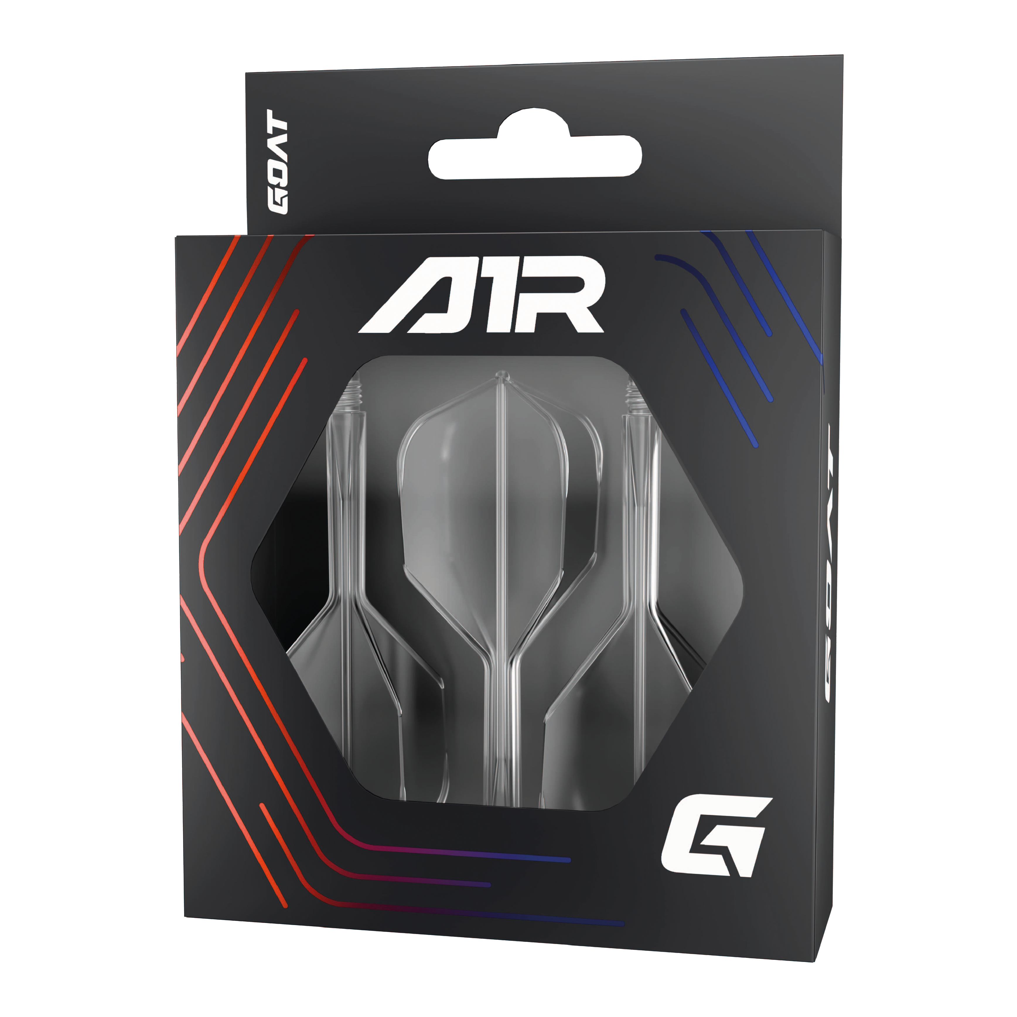 Système d'arbre de vol GOAT A1R n° 6 - Transparent Die Abbildung zeigt das Produkt "GOAT A1R No6 Flight-Shaft-System - Clear" in einer schwarzen Verpackung mit Sichtfenster. In der Packung sind drei klare Flight-Shaft-Systeme für Dartpfeile zu sehen.