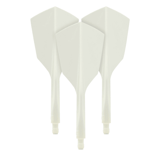 Système de vol Condor Ax 120 Blanc - Étroit Auf dem Bild sind drei weiße Dartflights aus dem Set "Condor Axe 120 Flight-System White - Narrow" zu sehen. Die Flights haben eine schmale Form und sind miteinander verbunden.