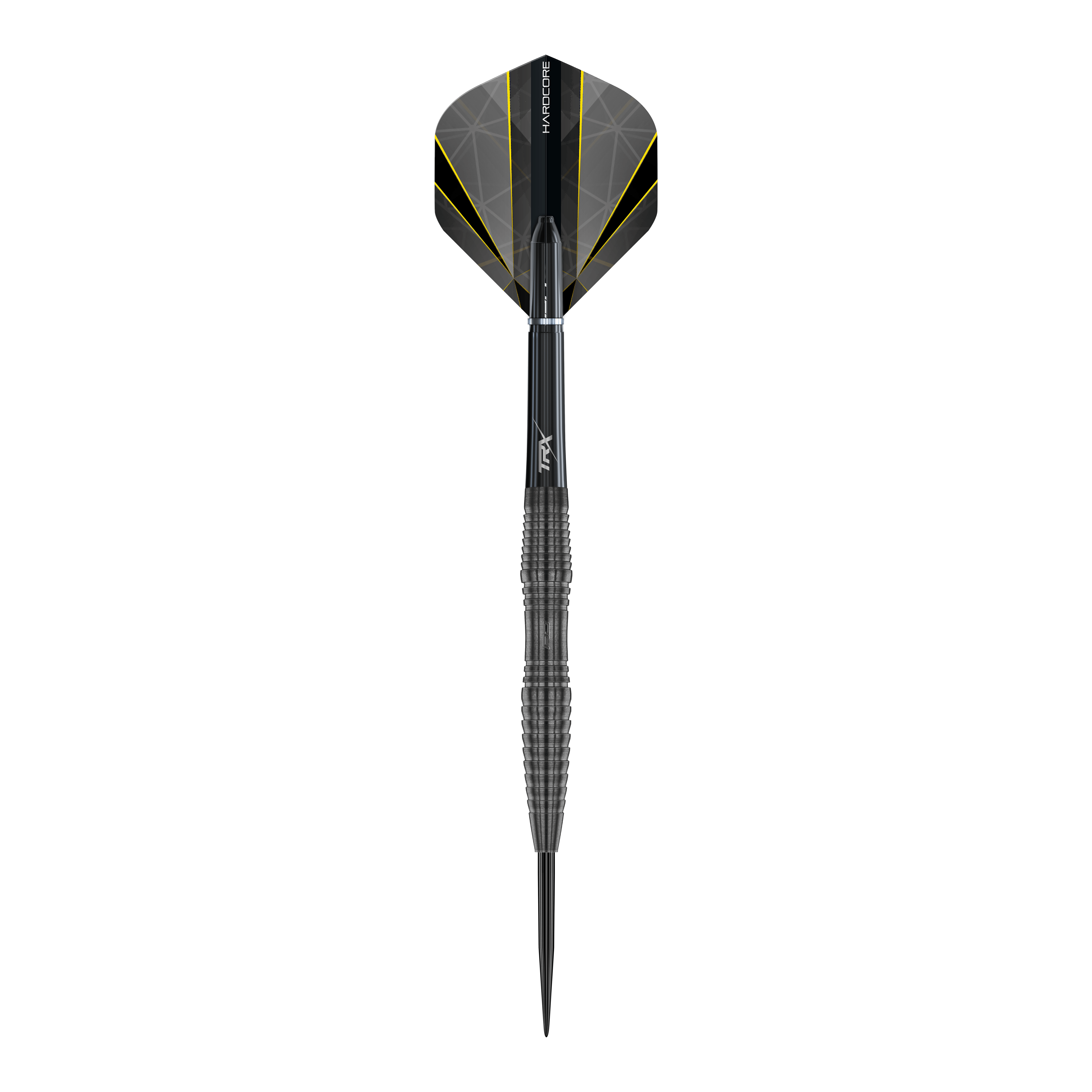 Fléchettes en acier Onyx Seren 3 du Dragon Rouge Das Bild zeigt einen einzelnen Steeldart namens "Red Dragon Seren 3 Onyx". Der Dart ist hauptsächlich schwarz mit einem auffälligen Design und gelben Akzenten auf den Flights.