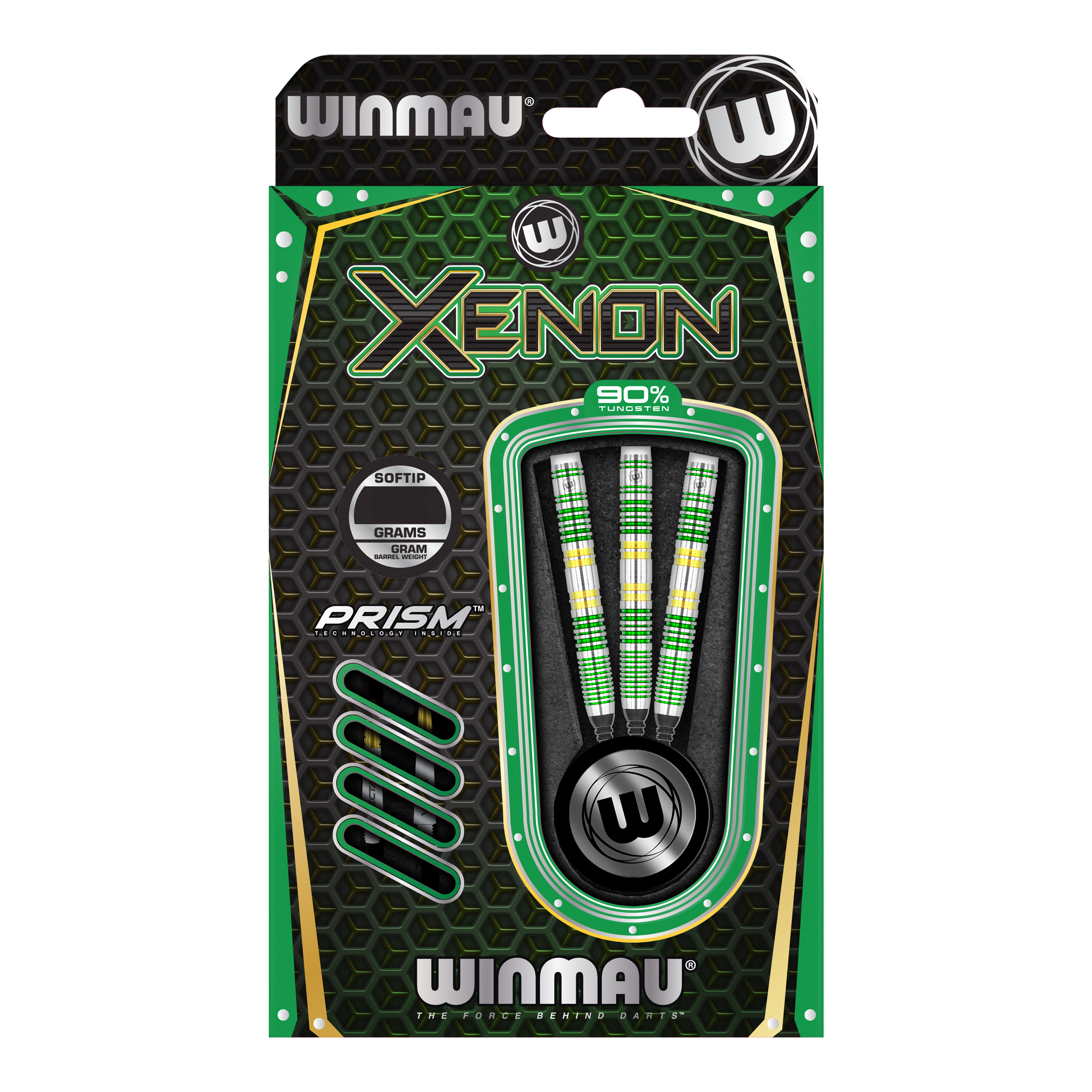 Fléchettes souples Winmau Xenon - 20 g Das Bild zeigt eine Packung Winmau Xenon Softdarts mit einem Gewicht von 20g. Die Verpackung ist überwiegend schwarz und grün gestaltet und enthält drei Darts.