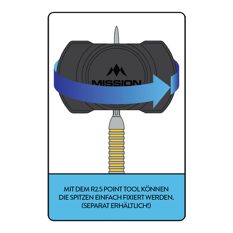 Outil de pointage rapide Mission R2.5 Hier ist das Mission R2.5 Rapid Point Tool abgebildet. Es unterstützt den Spieler beim Wechseln der Dartspitzen.