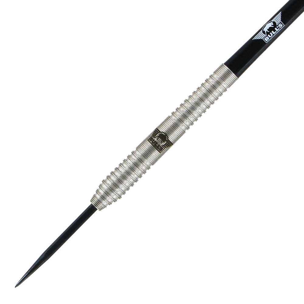 BU17423_Bulls_NL_Dirk_Duijvenbode_Steeldarts_2 Auf dem Bild ist ein silberner Steeldart mit schwarzer Spitze zu sehen. Am Schaft befindet sich das Logo der Marke BULL'S.
