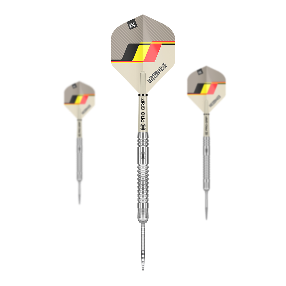 Fléchettes en acier Target Dimitri Van Den Bergh GEN2 Swiss Point Das Bild zeigt drei Steeldarts des Modells "Target Dimitri Van Den Bergh GEN2 Swiss Point". Die Darts haben silberne Spitzen und Schäfte sowie Flights mit einem schwarz-gelb-roten Design.
