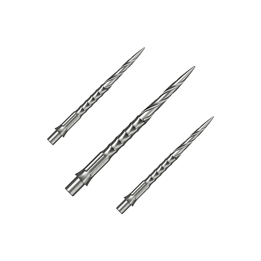 Pointes de fléchettes en acier Caliburn System - Spiro - NoLip - argent Das Bild zeigt ein Set aus silbernen Steeldartspitzen. Diese Spitzen sind 32 mm lang und haben ein Spiro NoLip Design.